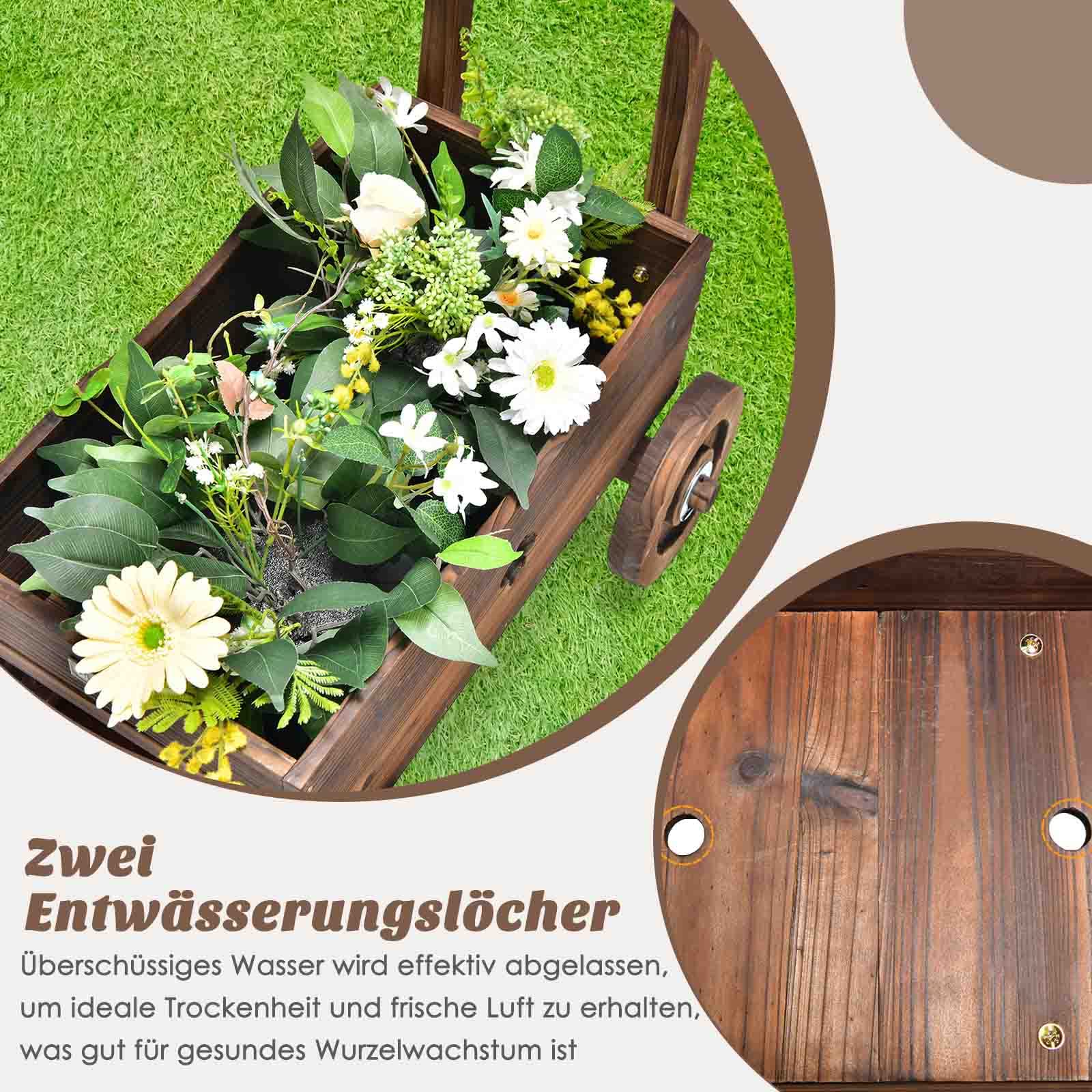 COSTWAY Blumenwagen Holz, Pflanzwagen mit Rädern und Griff, Pflanzkasten mit Abflussloch, Pflanztopf Bollerwagen, Schubkarre Gartendeko, Rustikaler Pflanzkarre für Garten Terrasse, Braun