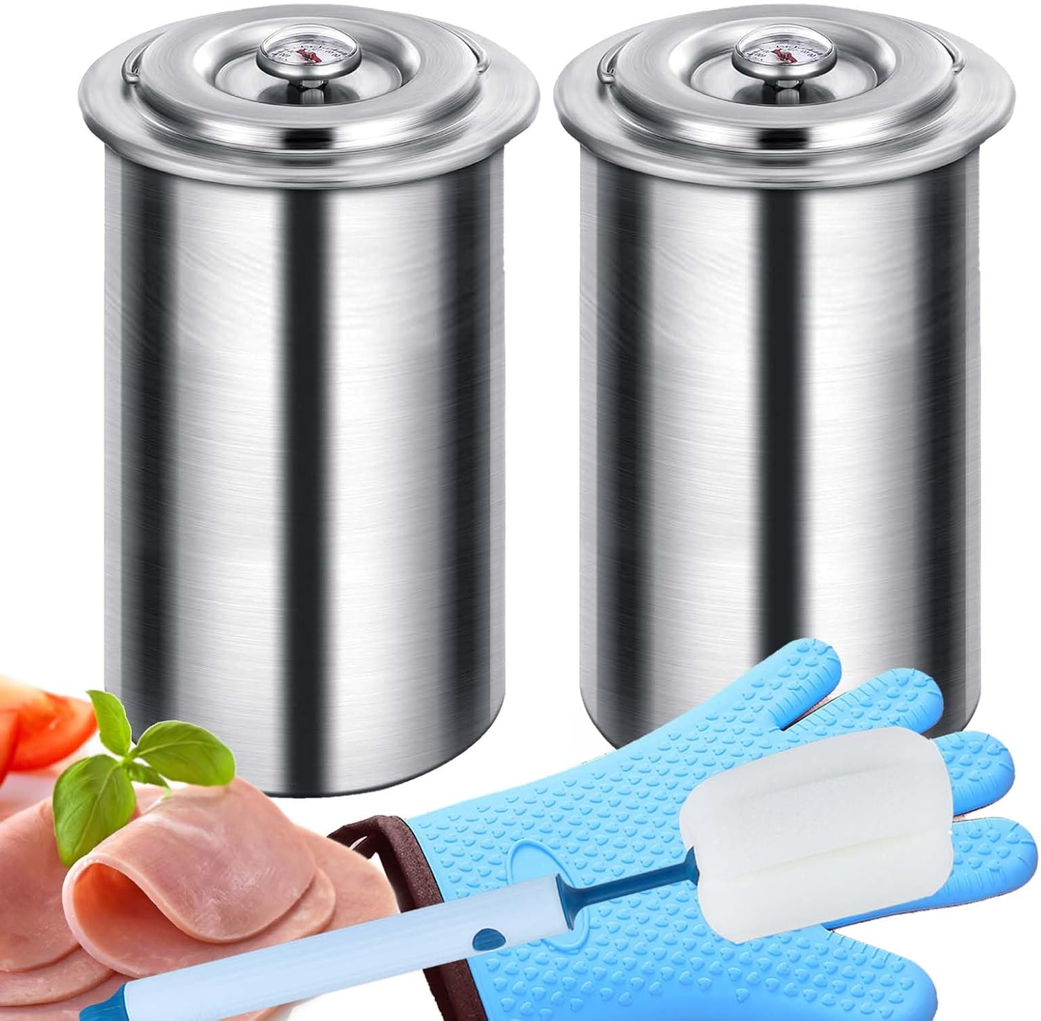 2-Pack Deli Meat Press Kit with Single Microwave Oven Glove & Built-in Thermometers - Professional Ham and Lunch Maker Set (silver gray)