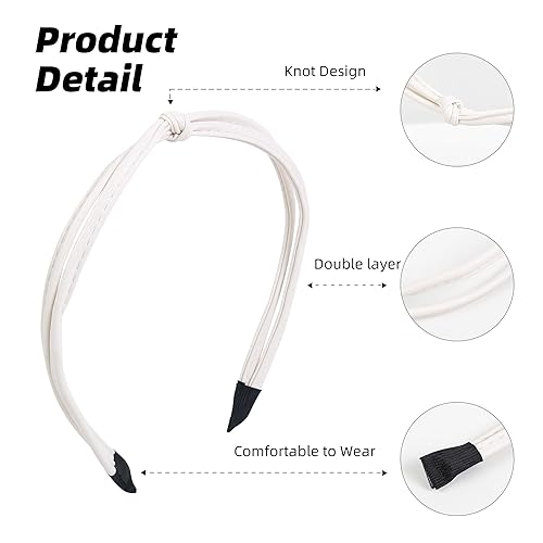 Miniatura 3 de WOVOWOVO 5 diademas finas de cuero para mujer, lindas diademas anudadas para el cabello de mujer, diadema Kont de moda, negro, marrón, blanco, para