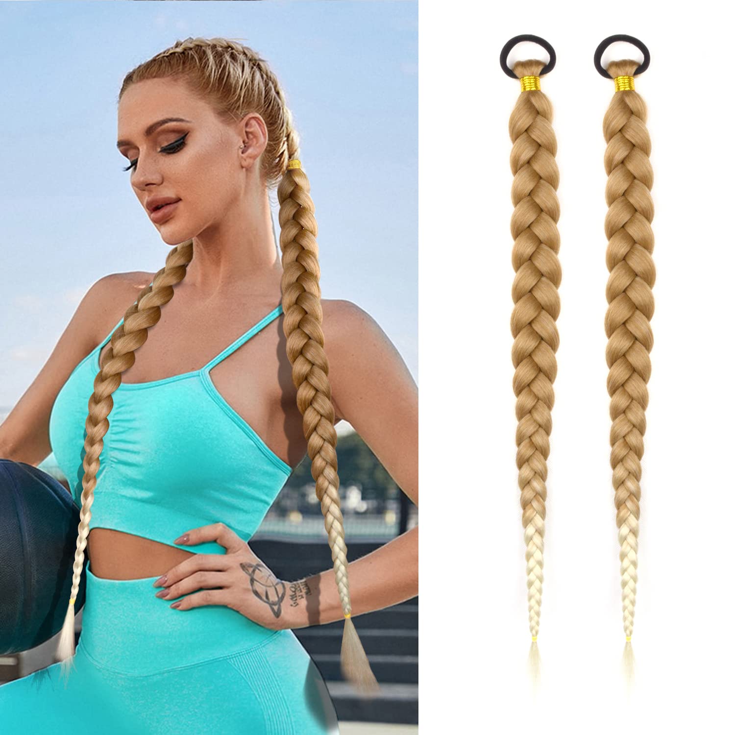 2 Pack Braid Ponytail Extension with Elastic Tie Straight Sleek Wrap Around Ponytail Hair Extensions Brown Gradient Ponytail Extension 23 Inch (Brown/Creamy Blonde#)