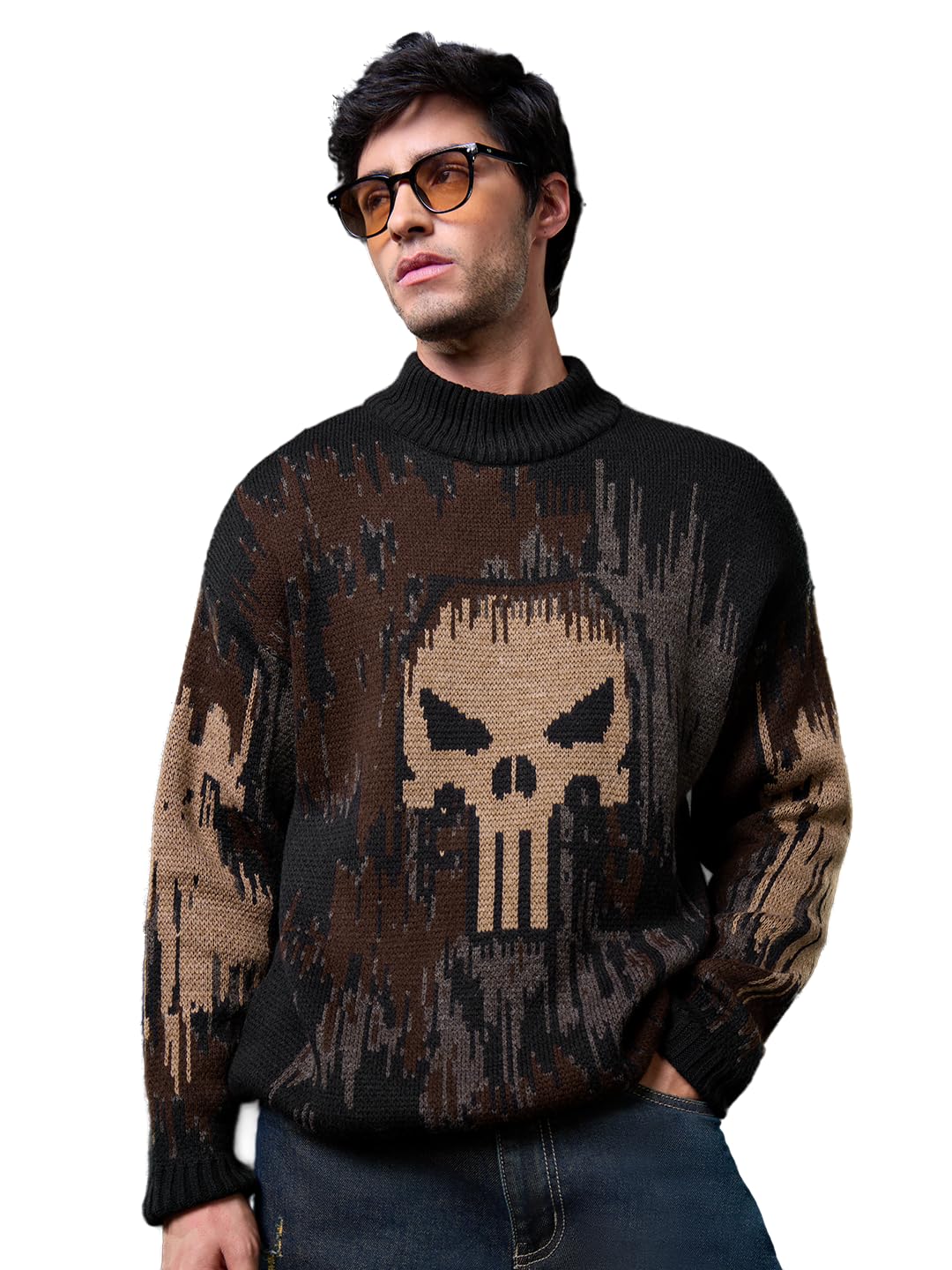 Punisher: Silent Threat Men and Boys Full Sleeves Mock Neck Black Printed Acrylic Lightweight Drop Shoulder Streetwear Trendy Casual Oversized Pullover Sweater-image-42