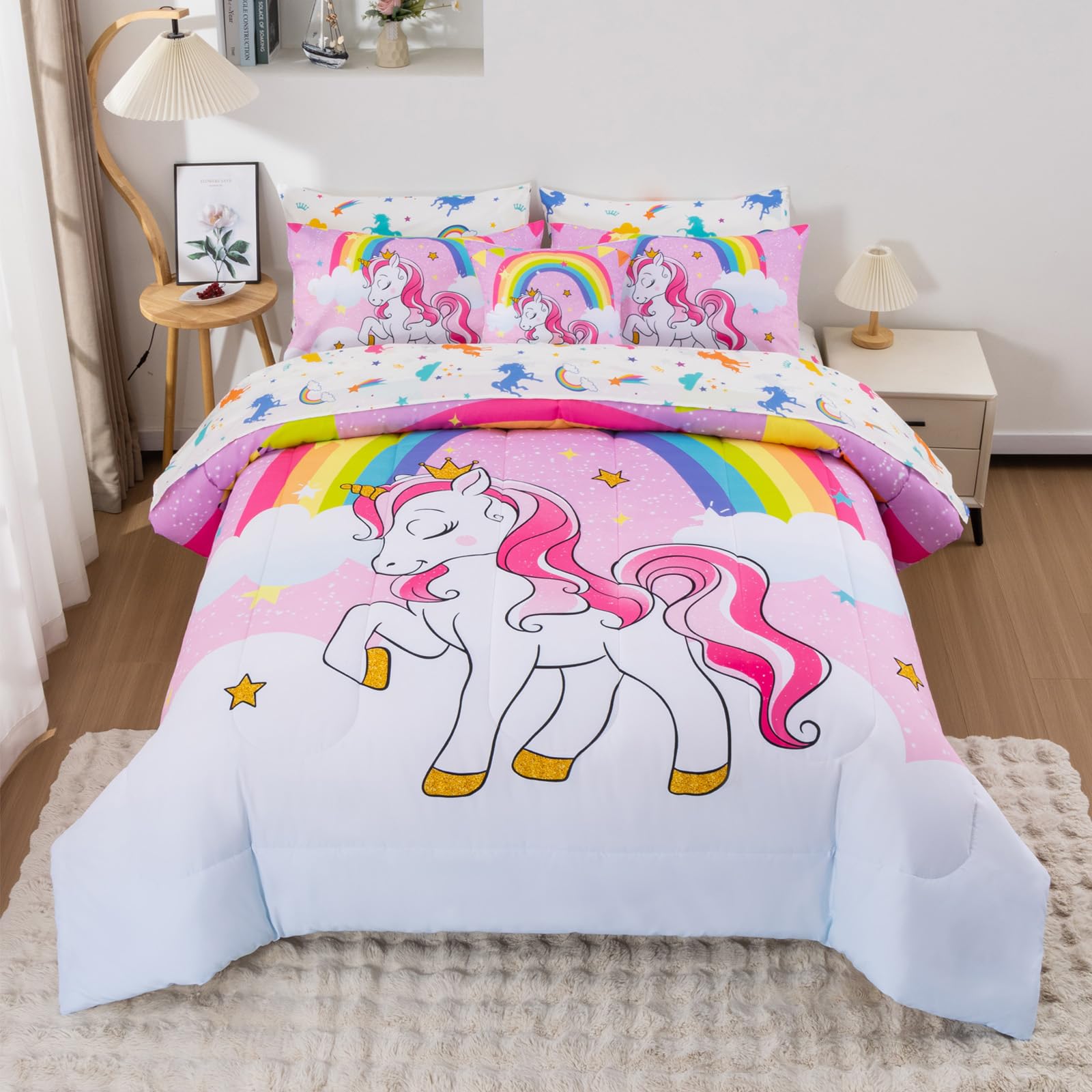 Keyroal Unicorn Queen Bedding Sets for Girls Kids Teens, 8 Piece Bed in a Bag Purple Rainbow Theme Unicorn Comforter Set Bedroom Decor with Printed