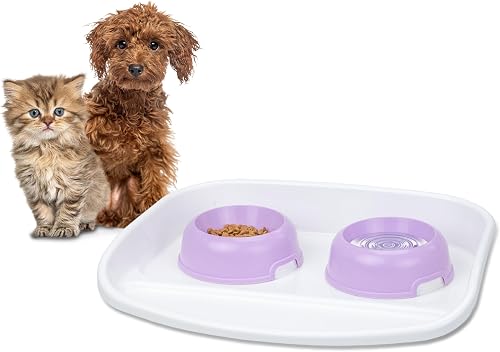 Ferplast Lindo Tray with Feeding Bowls for Dogs and Cats, Double Feeding Bowl for Animals, Sturdy Plastic Base, Non-Slip Feet, Includes Two Feeding Bowls Capacity 0.6 L, 44.5 x 34 x 7 cm, Red