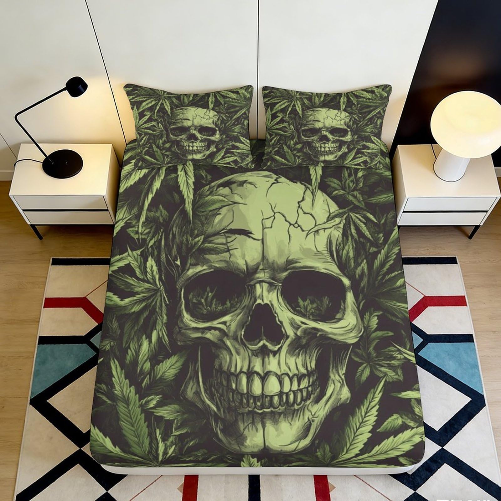 3D Printed Skull and Cannabis Leaf Fitted Sheet Microfiber Soft Breathable Leaf Pattern Bed Cover for Bedroom Dormitory Guest Room Mattress Protection Decor 90x200x25cm