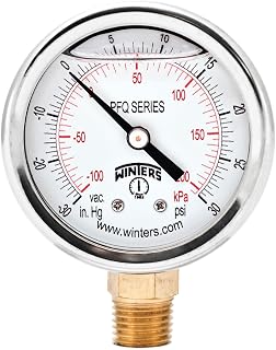 Winters 2.5" Liquid Filled Pressure Vacuum Gauge, 30" Hg-0-30 psi/kPa Dual Scale, 1.5% Accuracy, 304 SS Case, 1/4" NPT Brass Internals