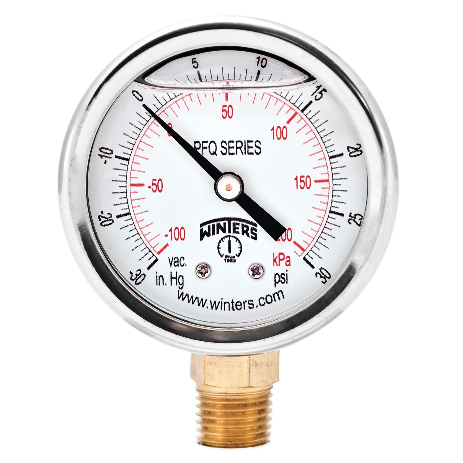 Winters 2.5" Liquid Filled Pressure Vacuum Gauge, 30" Hg-0-30 psi/kPa Dual Scale, 1.5% Accuracy, 304 SS Case, 1/4" NPT Brass Internals