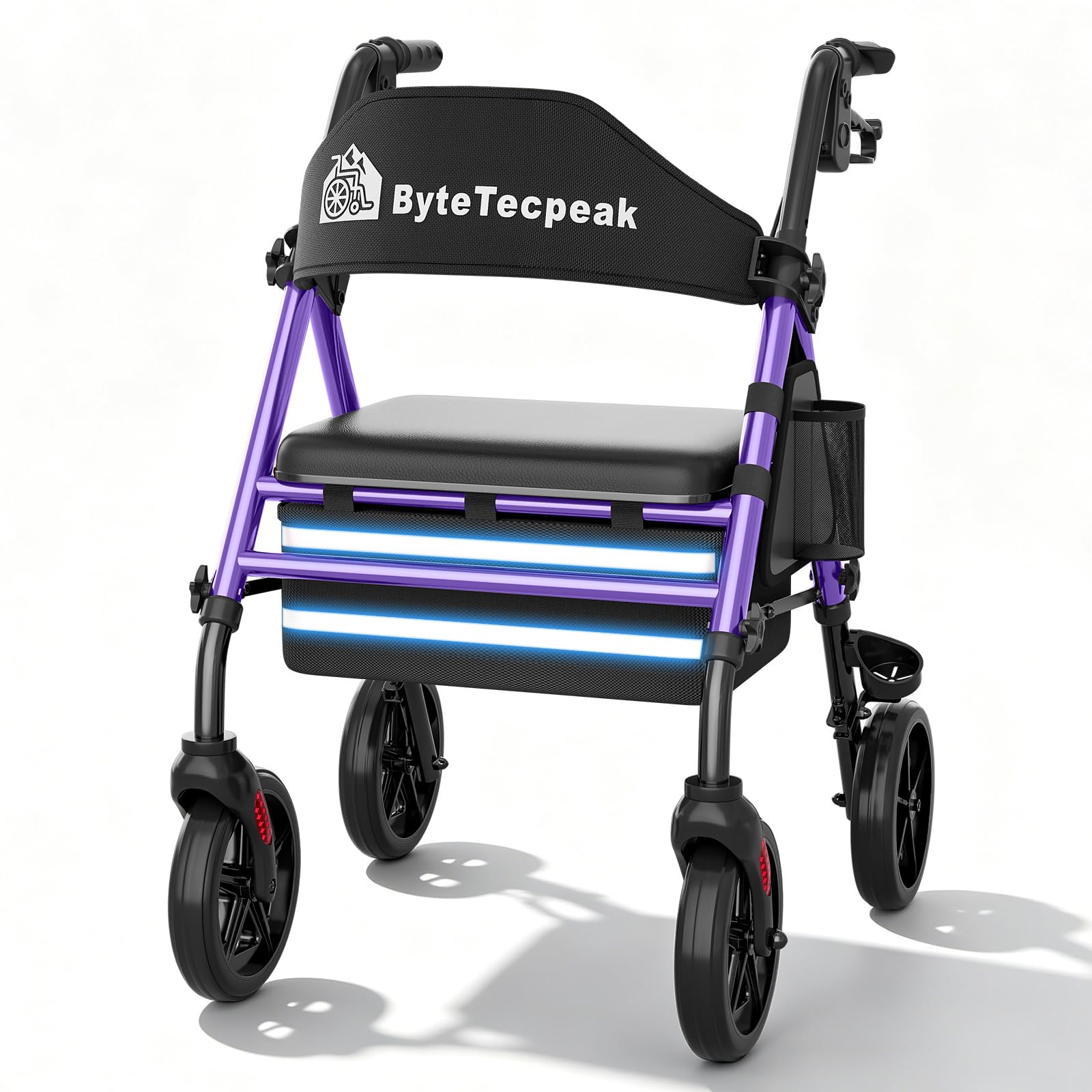 R4 Andador plegable para ancianos, andadores adultos, altura ajustable en 5 niveles en asiento y manillar, caminadores de 4 ruedas con freno, bolsa de almacenamiento, carga máxima 100KG (Morado)