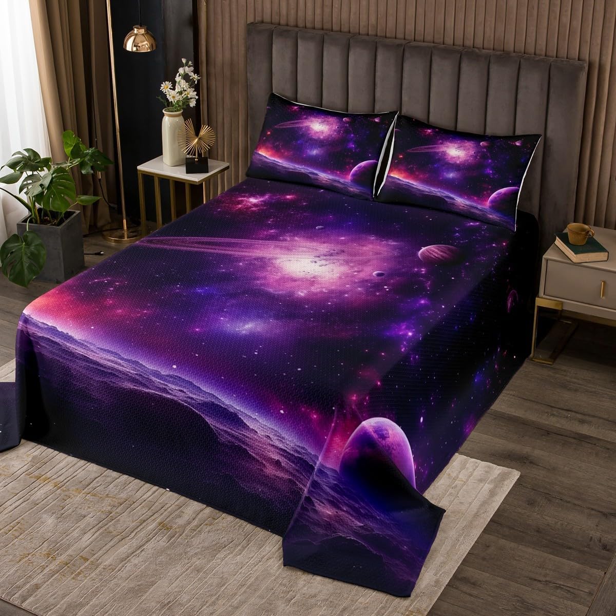 Homewish Outer Space Bedspread Twin Size,Universe Planet Bedding Set for Kids Boys Girls Room Decor,Stars Galaxy Solar System Coverlet Set 2Pcs,Orange Swirl Modern Fashion Quilt,1 Pillowcase