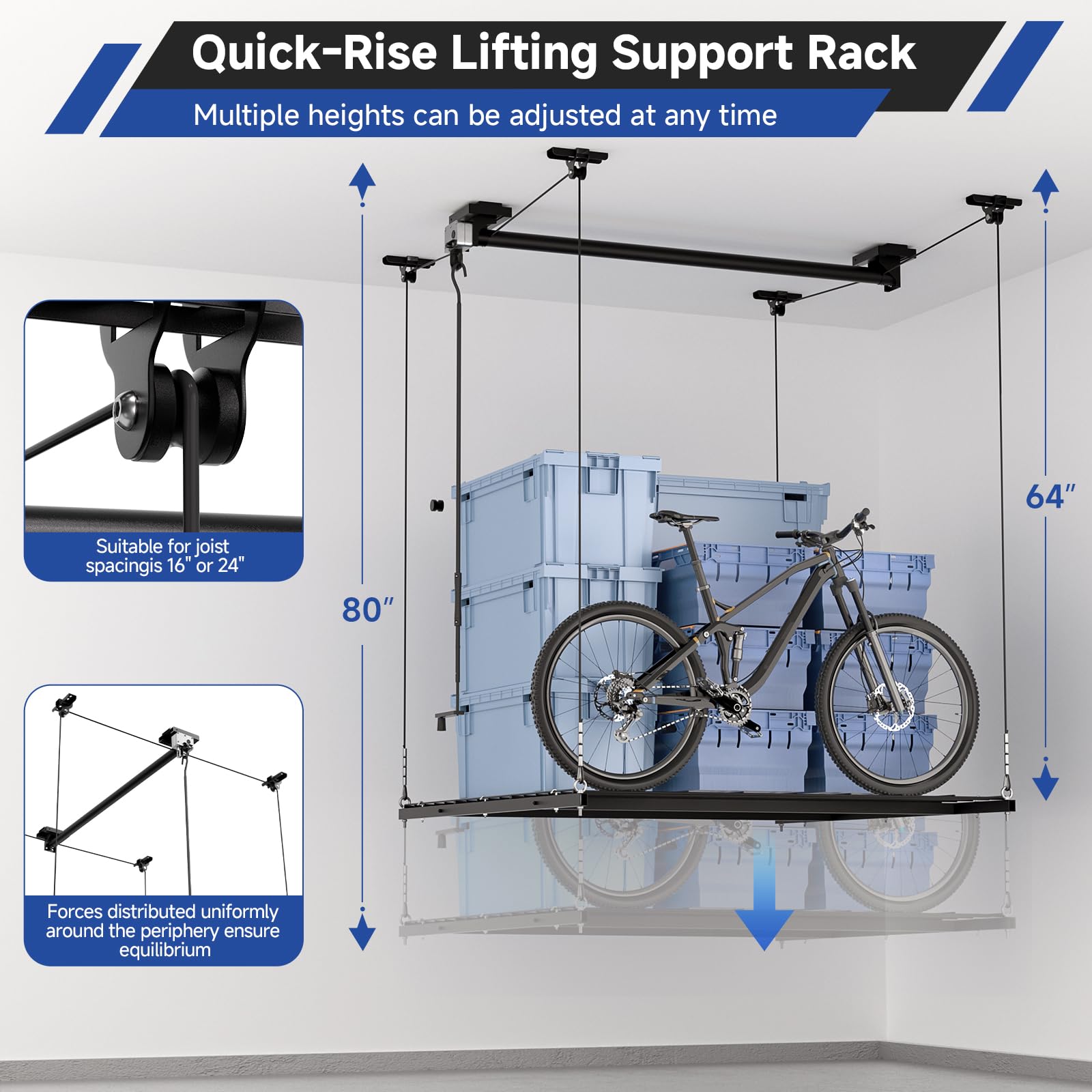 Condition photo showing New/Like New for GADFISH Garage Ceiling Lift Storage Rack, Easy Lifting 85" Height Overhead Garage Storage Rack for Space Saving with Safety Lock, Suitable for 16"/24" Ceiling, 350LBS Capacity