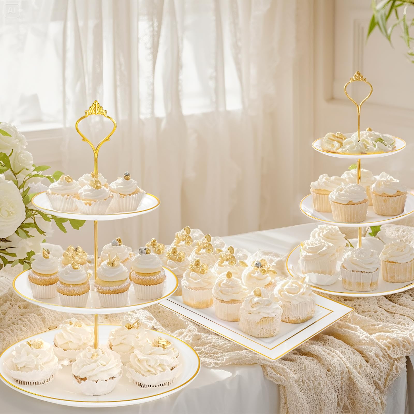 supernal Soportes para cupcakes de 3 niveles, 6 bandejas de plástico, 4 soportes para postres para cupcakes, juego de bandejas de fiesta, platos para tartas incluye 6 bandejas de pastelería, 4