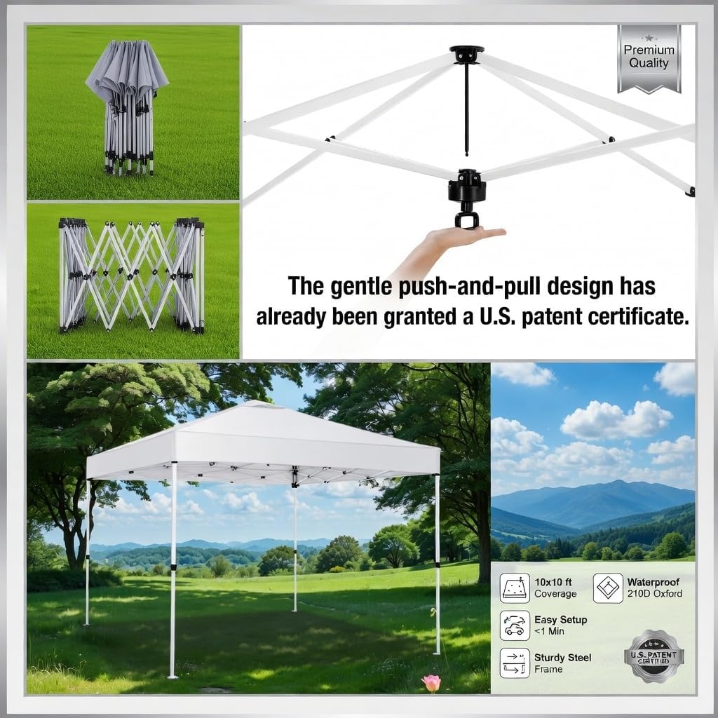 10x10 Pop Up Canopy,Event Tent – One-Person Setup, Waterproof & UV-Blocking, Heavy-Duty Steel Frame, Wheeled Bag & Sandbags – Outdoor Shade for Beach, Camping, Backyard, Tailgate (White)