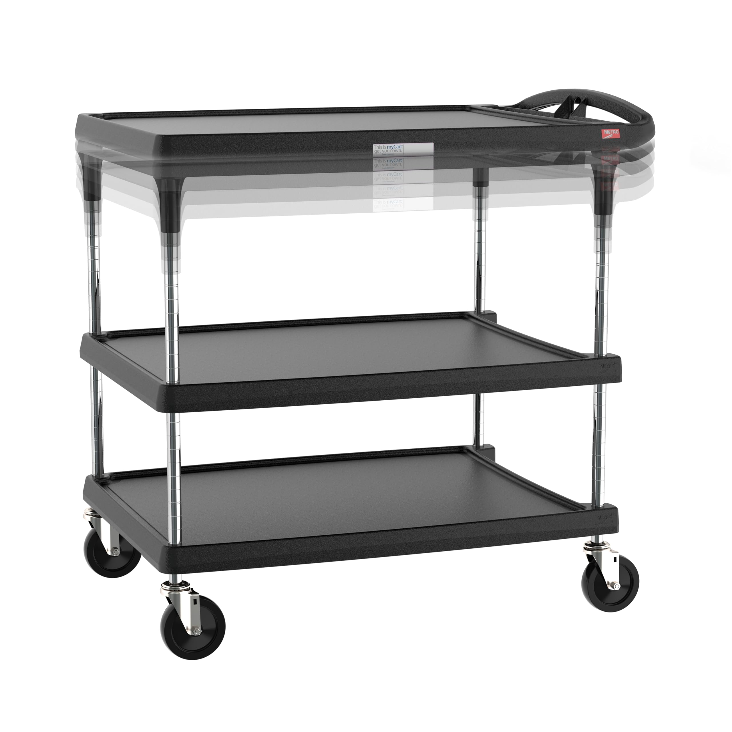 Metro myCart Plus Utility Cart - Choose-Your-Height Adjustable Heavy Duty Rolling Cart for Home, Commercial and Industrial Use - 3-Shelf, 500 lbs Capacity - 27.7" W x 40.25" L x 36.8-40.8" H - Black
