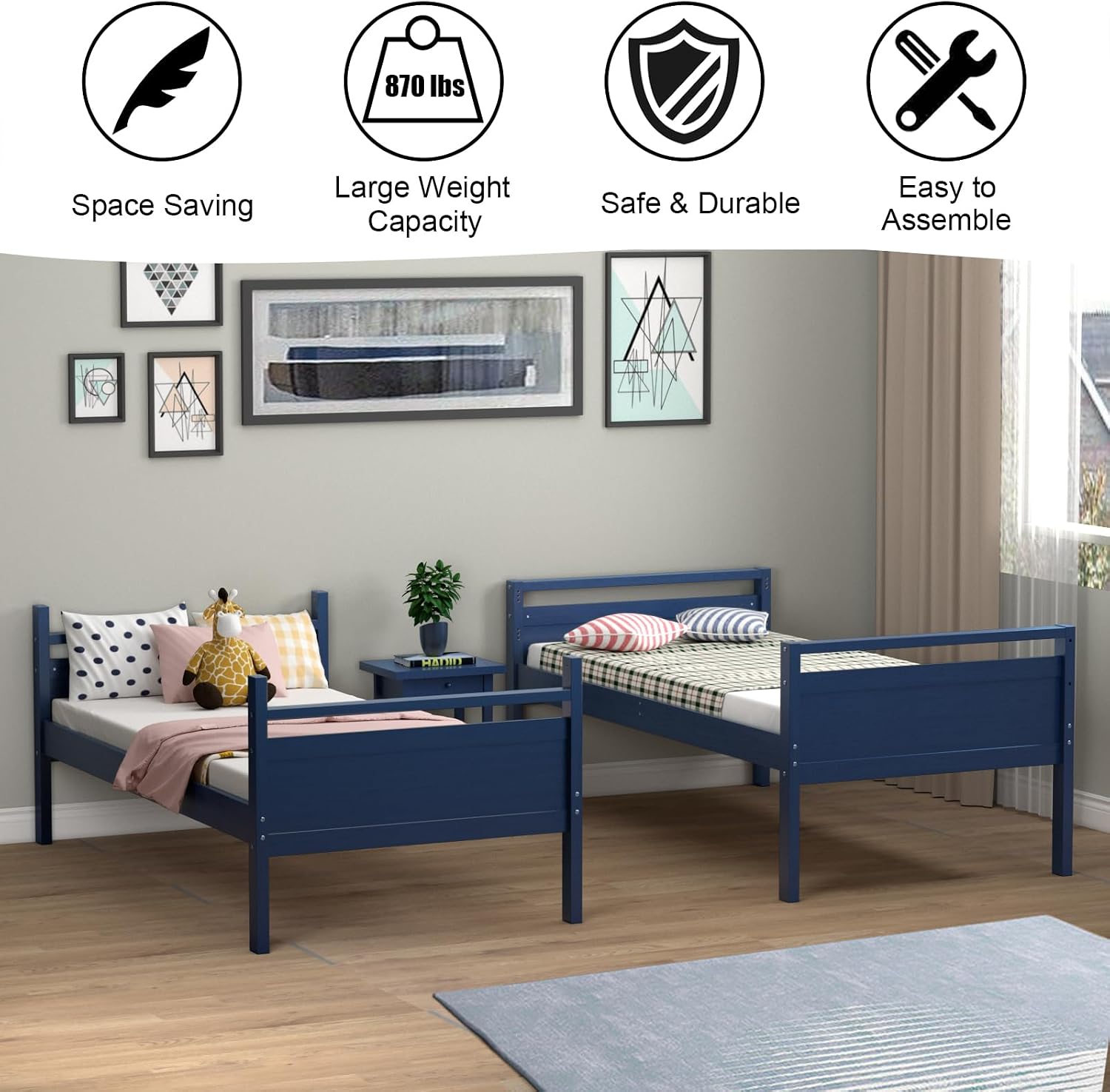 DORTALA Twin Over Twin Bunk Bed, Wood Bunk Bed w/Wide Ladder, Safety High Guardrail, Solid Wood Frame, Simple Style Multifunction Convertible 2 Individual Beds for Home, Dorm, Apartment, Navy Blue