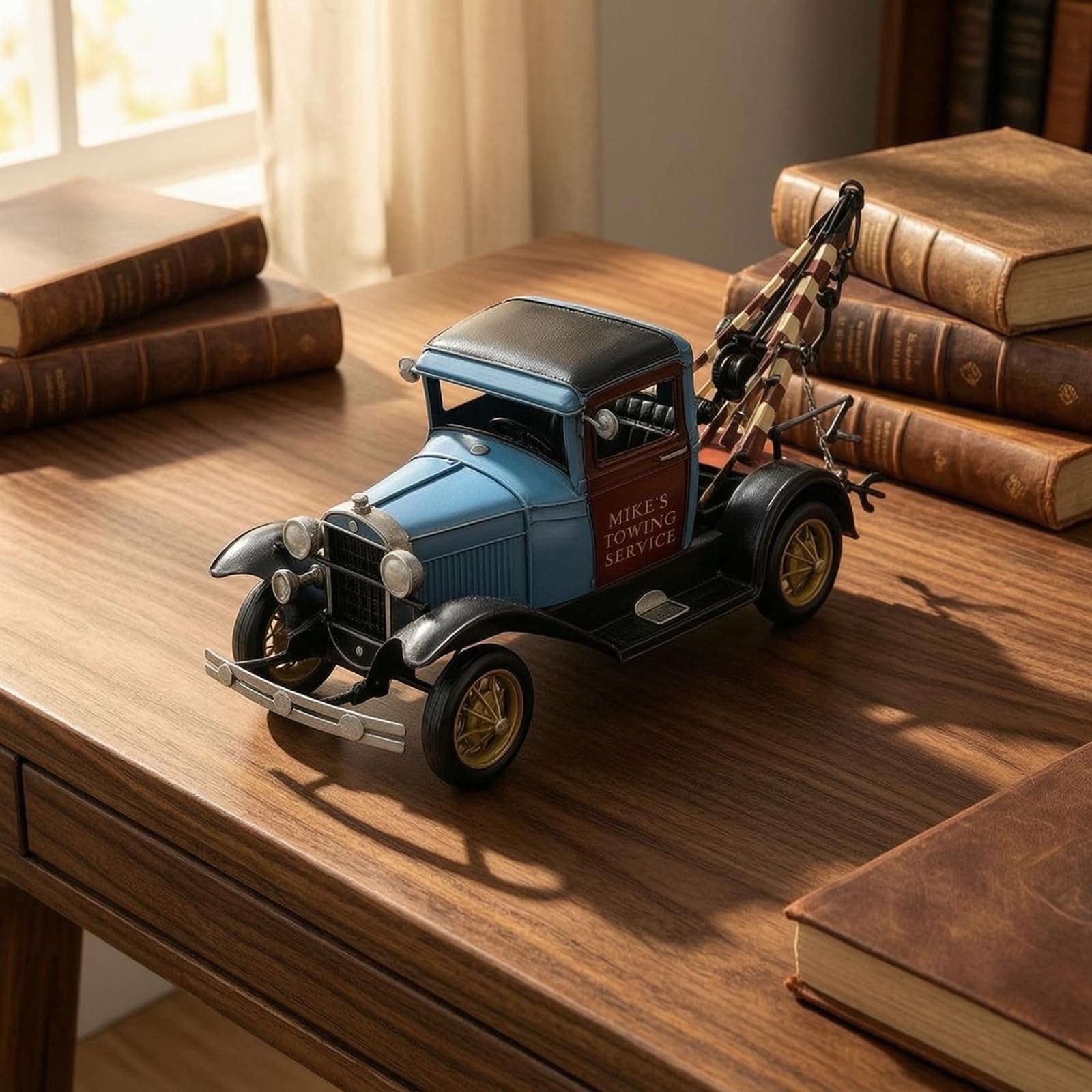 Vintage Vehicle Carro Attrezzi d'Epoca Modello Camion Traino Miniatura Auto Classica Metallo Artigianale Ferro Dettagli Striati Barra di Traino Adatto