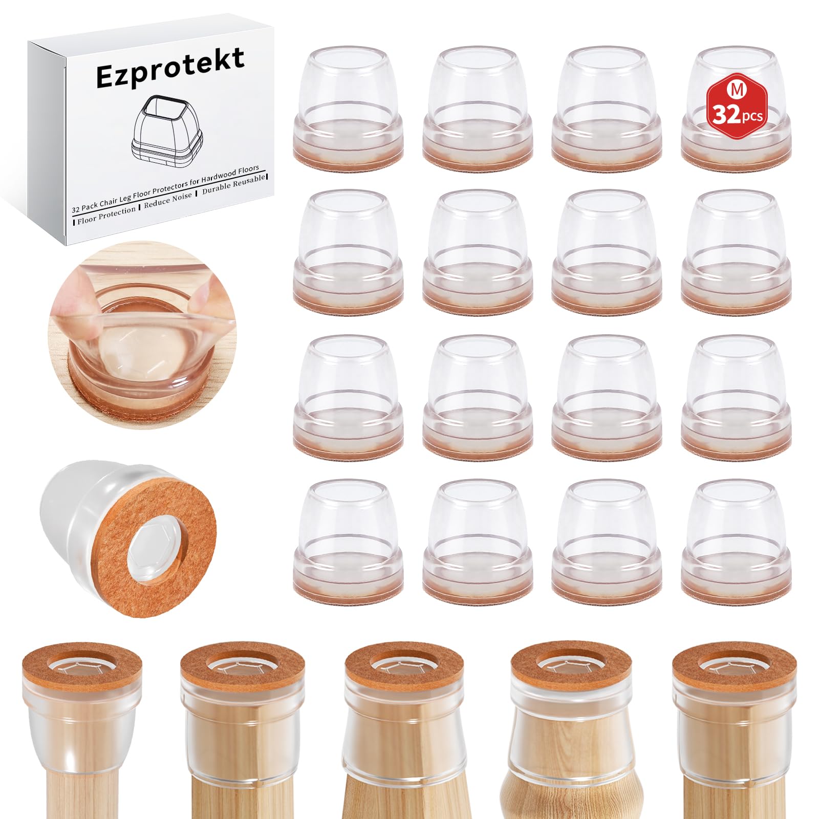 Ezprotekt Chair Leg Covers, 32 PCS 1" Transparent Silicone Chair Leg Floor Protectors with Wrapped Felt