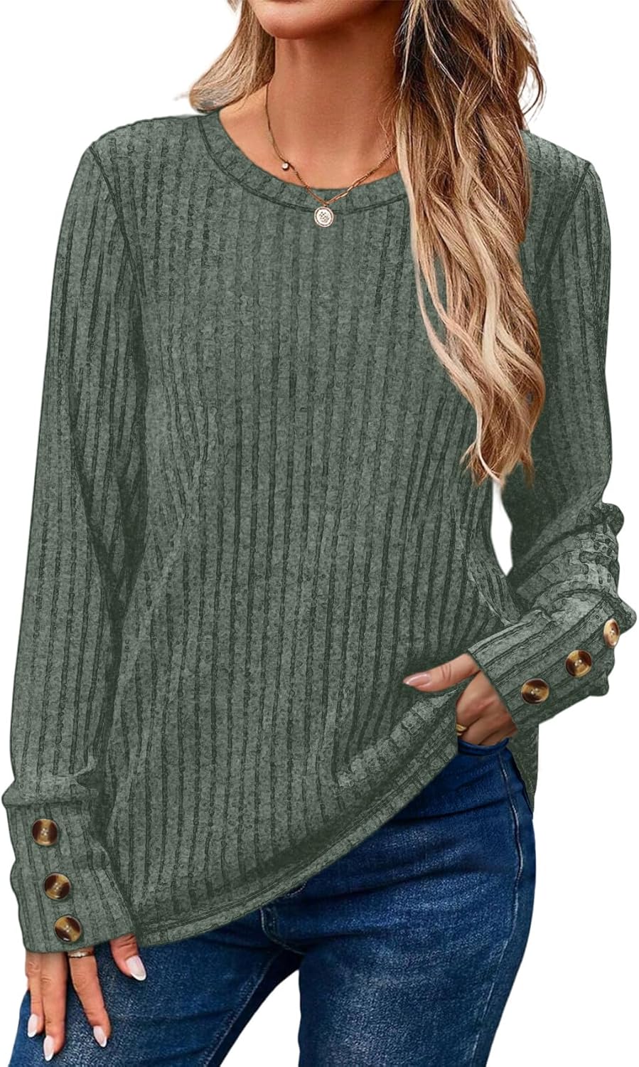 OFEEFAN Womens Sweaters Long Sleeve Tops Button Cuffs Plus Size Fashion Clothing Tunics or Tops Wear with Leggings - Image 3