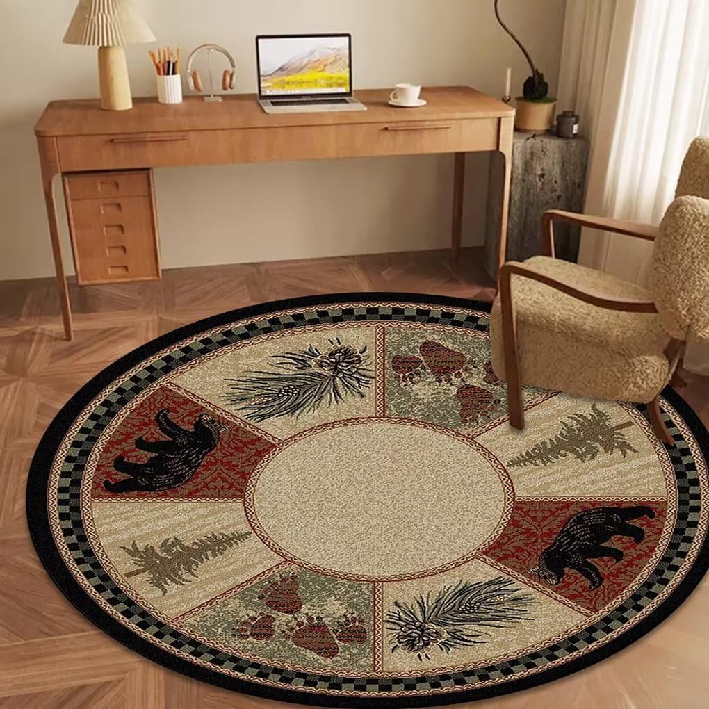 Vintage Lodge Cabin Bear Rugs for Bedroom Pine Cone Print Pattern Carpets Apartment Decor American Country Round Area Rug 5'3ft
