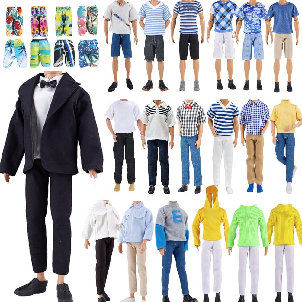10-Item Fantastic Pack = 1 Black-tie Suit with a Shirt + 3 Sets of Casual Wear Clothes Outfit + 1 pc Swim Trunks + 5 Pairs Shoes for 12inches boy Doll（Random Style）