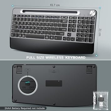 JOYACCESS Wireless Keyboard and Mouse, Ergonomic Wireless Keyboard with Wrist Rest and Phone Holder, Quiet Computer Mouse for Mac PC Laptop-Black Grey