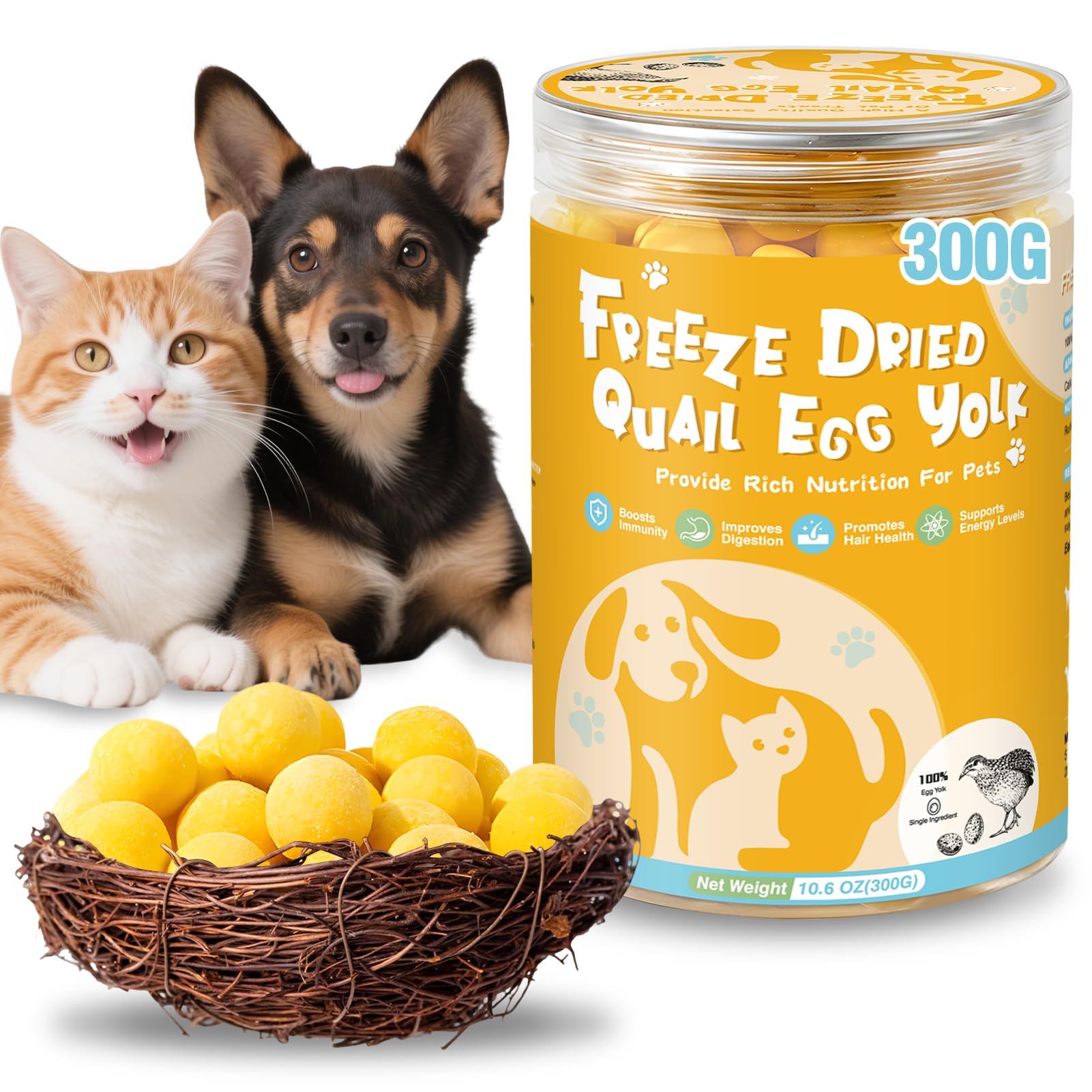 10.6 OZ Freeze Dried Quail Egg Yolk Healthy Pet Treats Food for Dogs Cats Natural Single Ingredient Tasty Freeze Dried Quail Eggs Snack Training Human Grade Free of Grain Gluten Rawhide