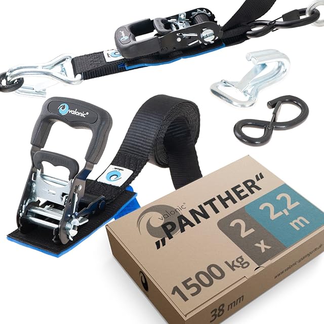 valonic PANTHER - motorcycle tie down straps with hooks, 2m, 2 pieces 1500 Kg - very short tensioning distance - protective padding, DIN EN 12195-2 - ratchet strap for trailer, 38mm wide