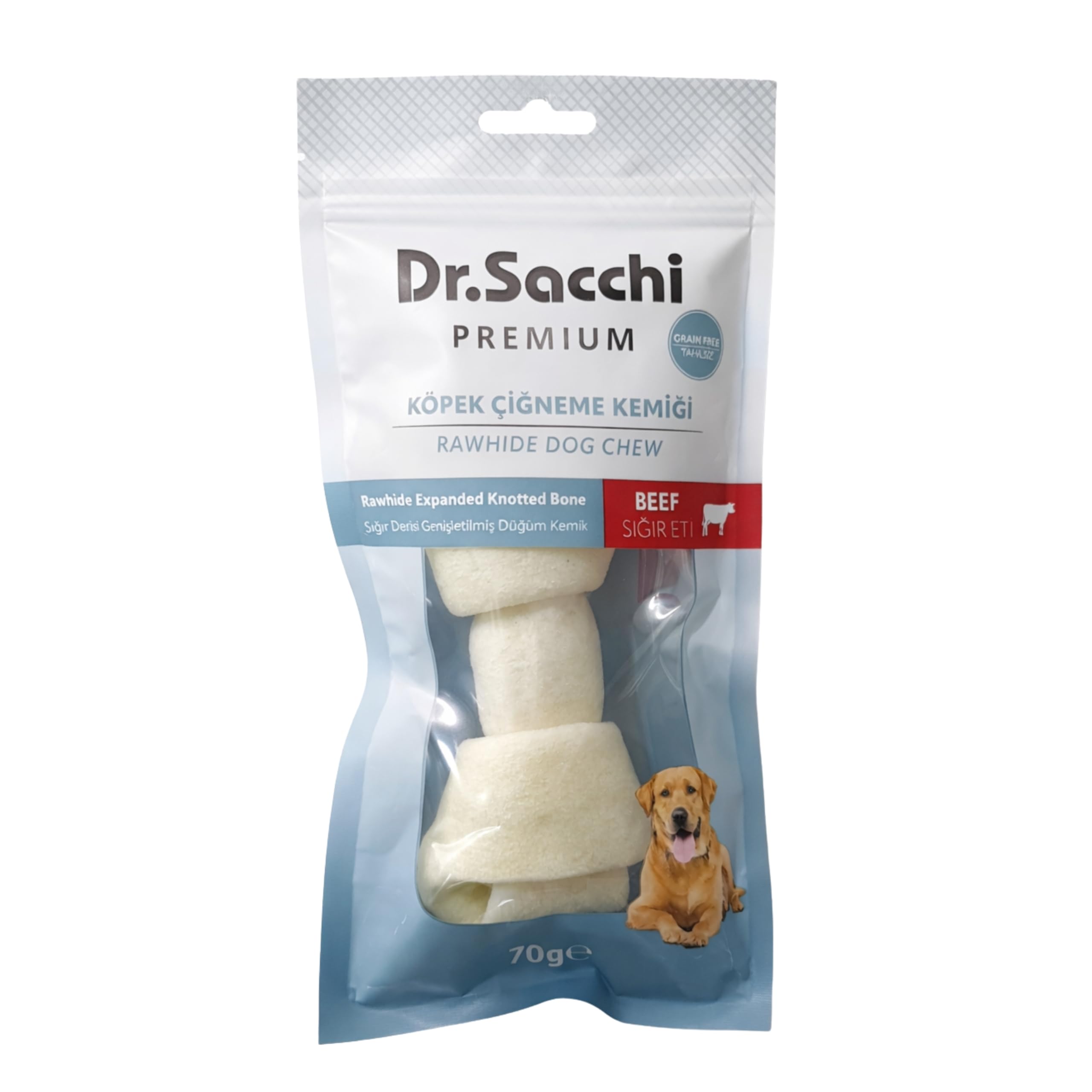 Dr.Sacchi Premium Sığır Etli Sığır Derisi Genişletilmiş Düğüm Kemik Tahılsız Köpek Ödülü 5-6" 70-80 Gr 1'li