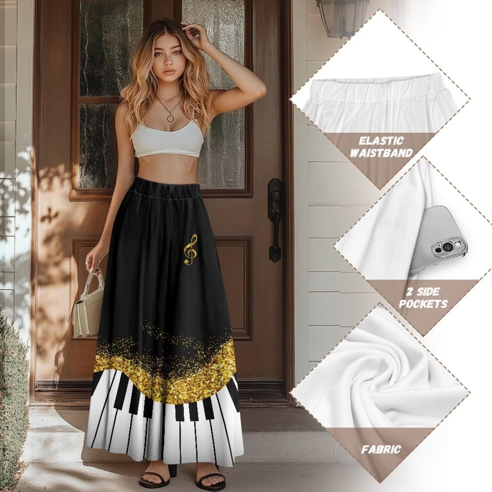 COEQINE Maxi-Röcke für Damen, langer Rock, elastisch, hohe Taille, plissiert, A-Linie, Herbstkleid mit Tasche, für Urlaub, S-2XL