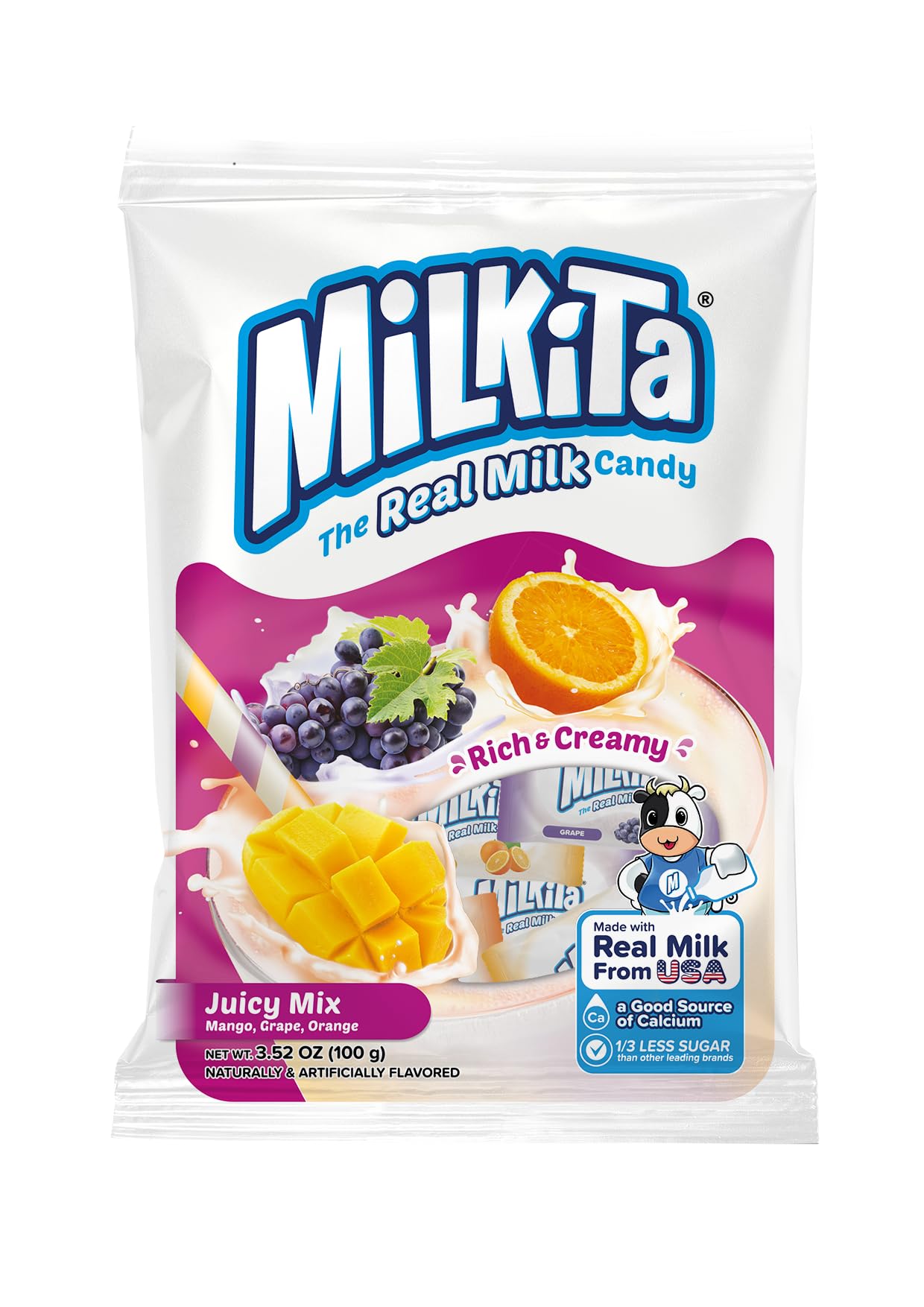 Milkita The Real Milk Candy Creamy Shake Bag, Gluten Free Chewy Candies with Calcium, Zero Trans Fat, Low-Sugar, Juicy Flavors (Mango, Orange, Grapes)