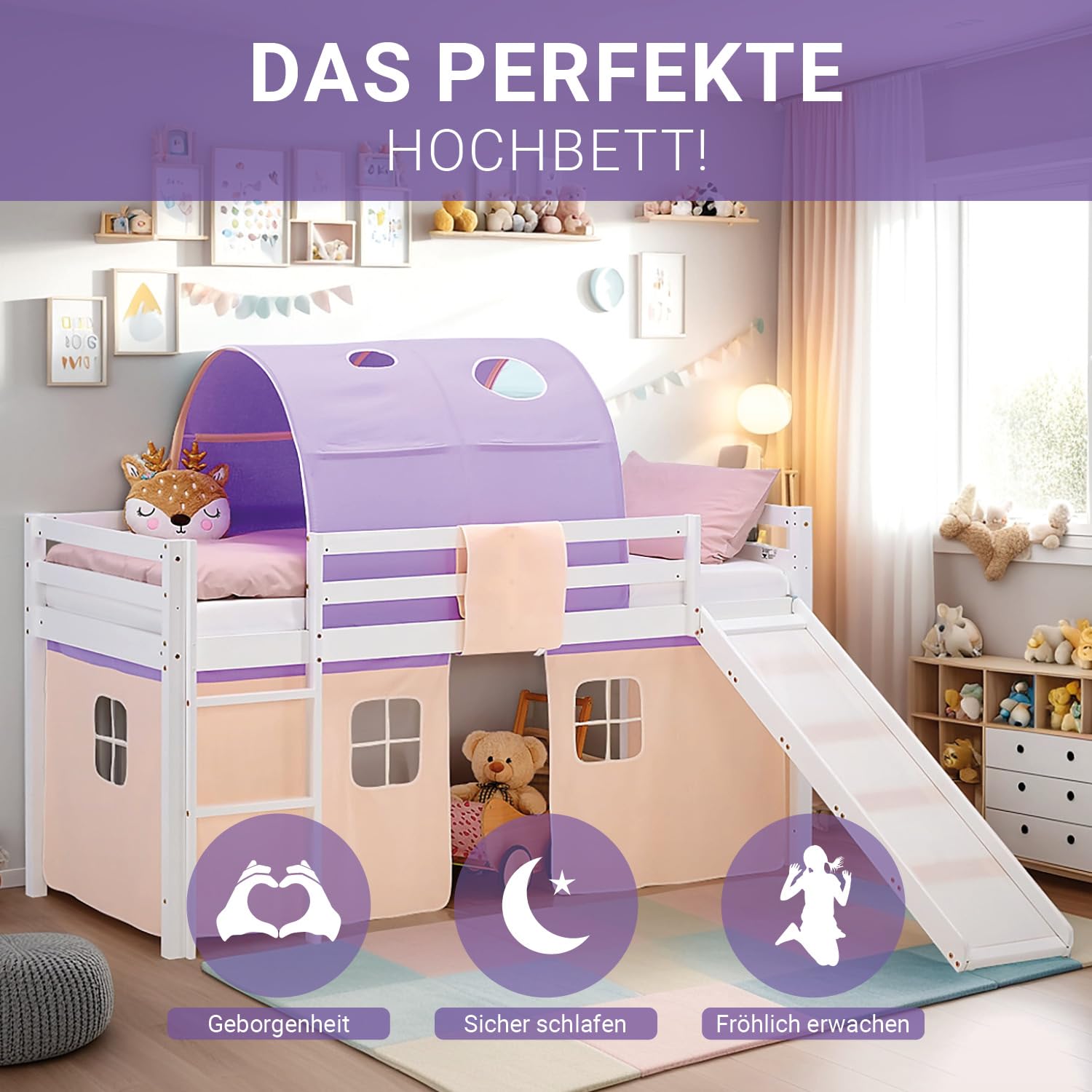 Homestyle4u Lit mezzanine avec toboggan 90 x 200 cm blanc, lit d'enfant en bois de pin, avec tunnel rideau beige violet article 2952