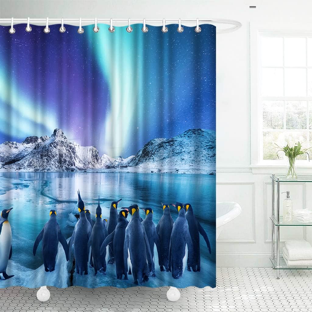 Penguin Shower Curtain Blue Bathroom Curtain Polar Animal Shower Curtain Aurora Bathroom Curtain 72"X72" Waterproof Polyester Fabric with Hooks