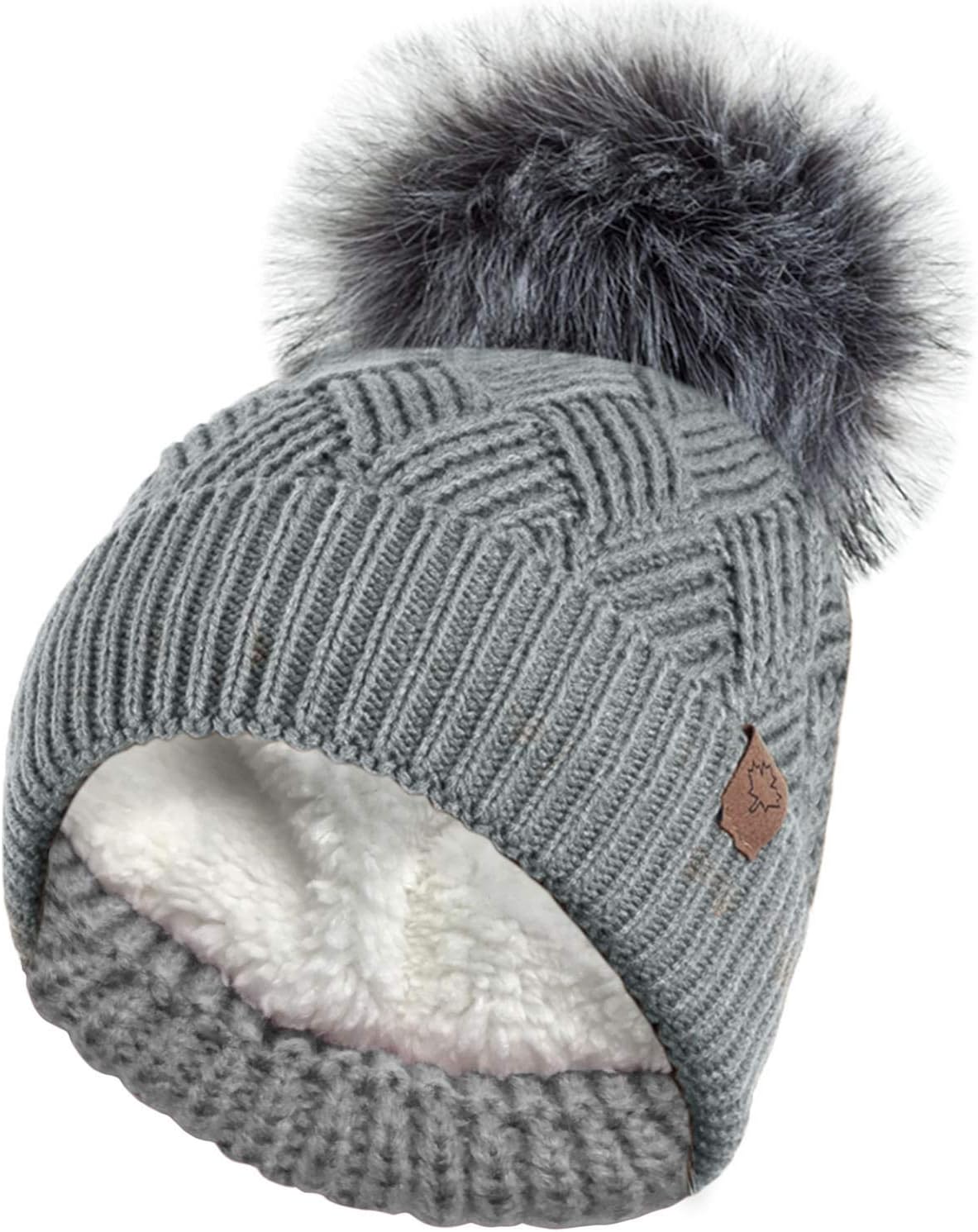 Ladies Warm Chunky Diamond Cable Knit Hat with Thermal Teddy Fleece Lining and Detachable Faux Fur Pompom