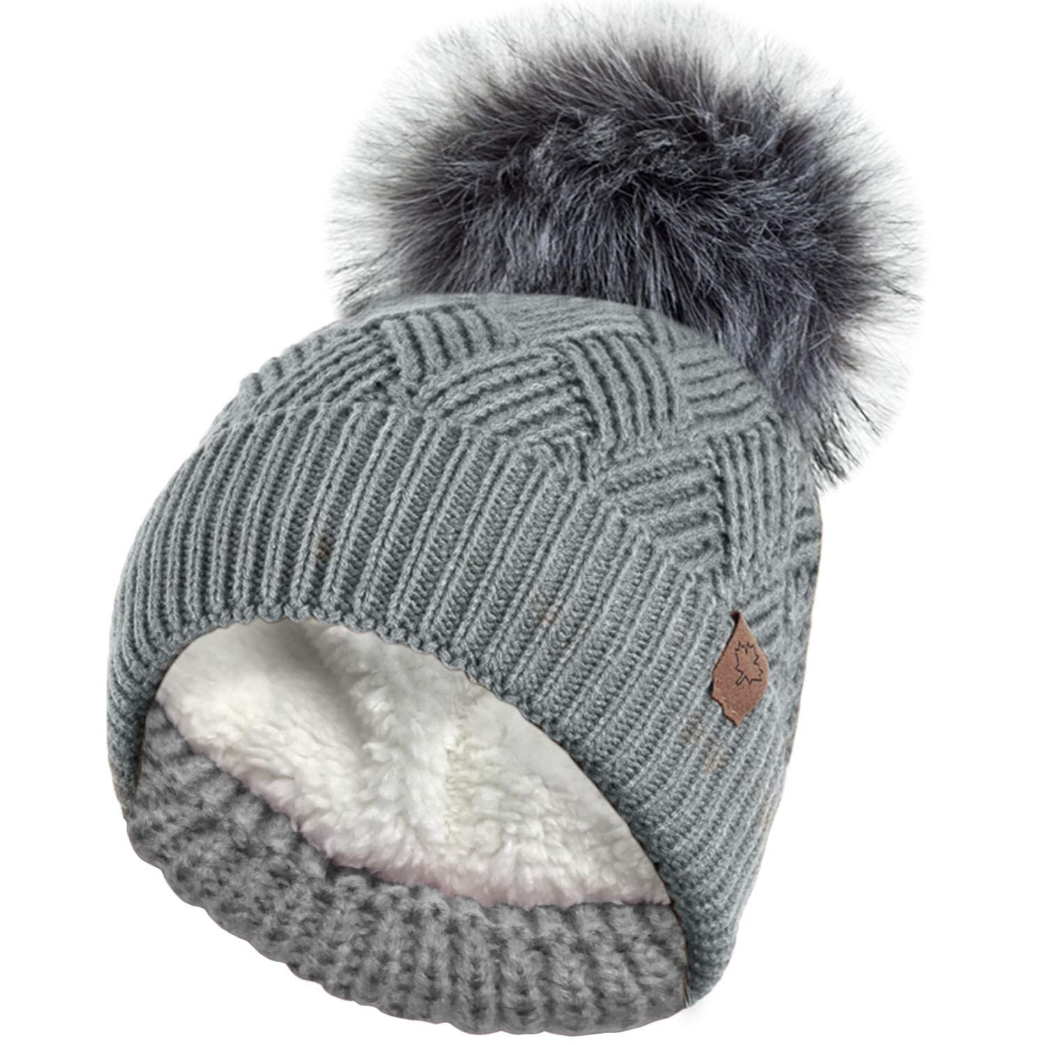 Rockjock Women's Grey Warm Chunky Diamond Cable Knit Hat With Thermal Teddy Fleece Lining And Detachable Faux Fur Pompom