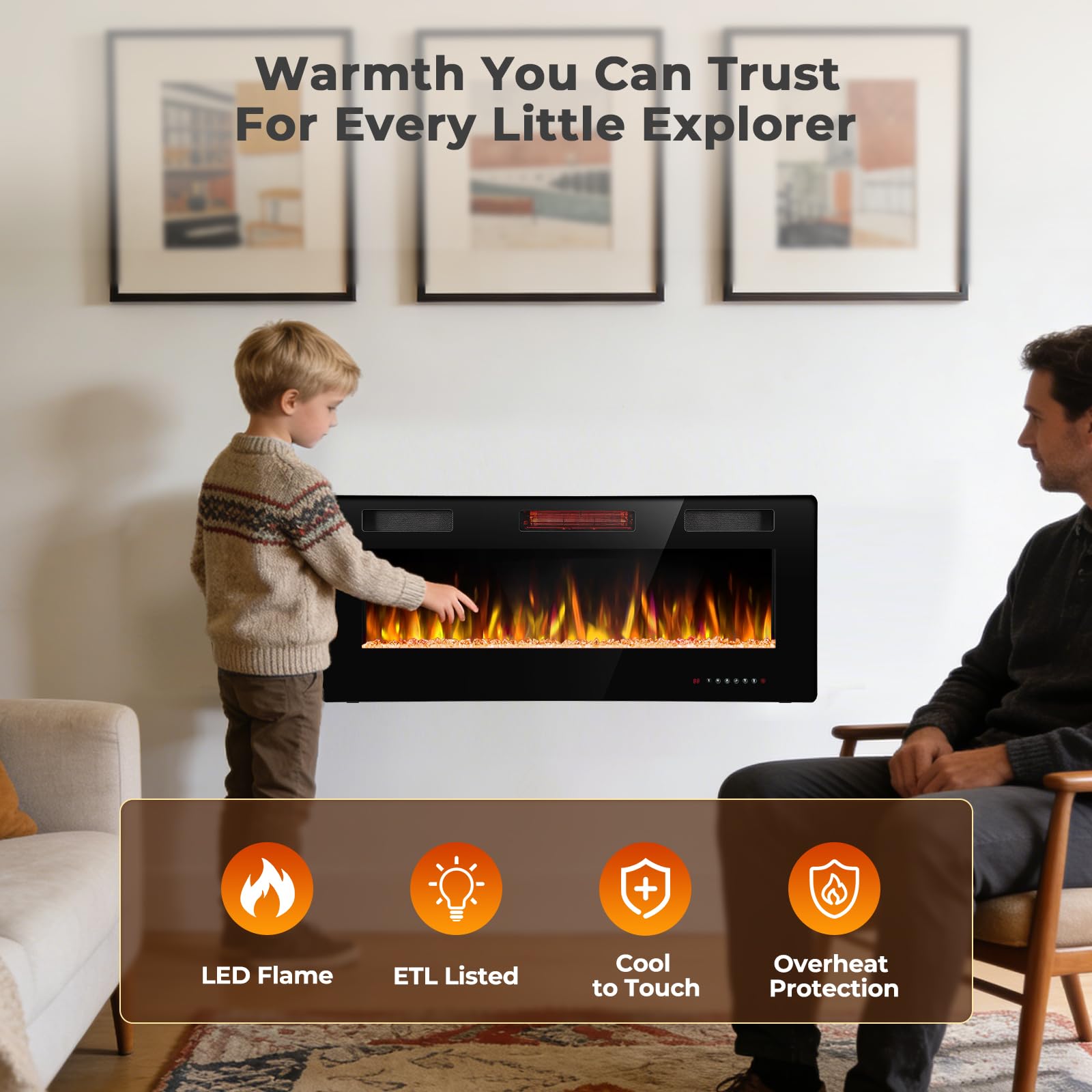 R.W.FLAME 50 pollici/127 cm, camino elettrico da incasso e da parete con fiamma realistica e regolabile, 750/1500 W, riscaldamento ultra piatto con telecomando, camino lineare per soggiorno