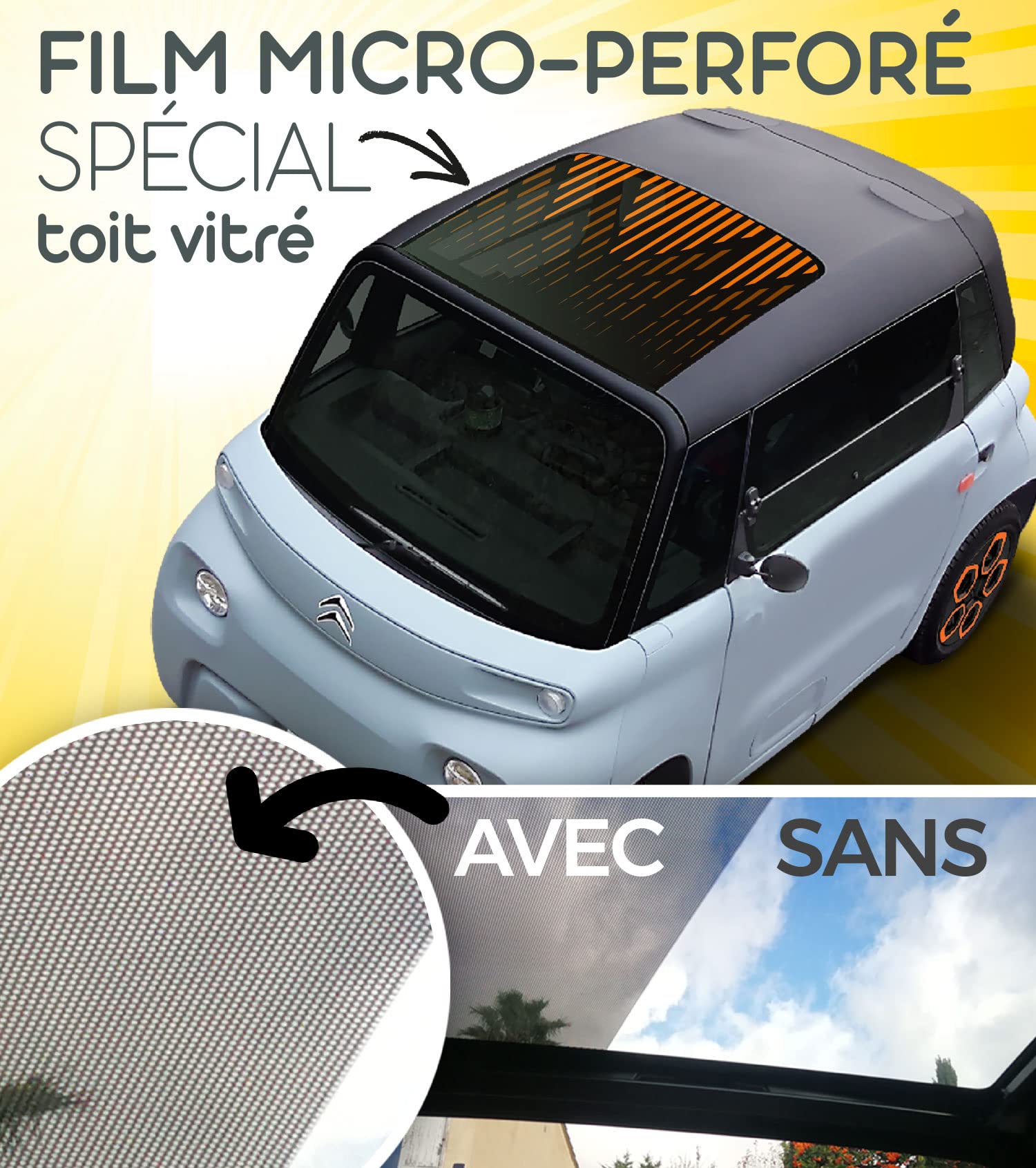 Urban 03 (wit) - Zonneklep compatibel met Citroen AMI - speciaal glazen dak. Microgeperforeerd vinyl dempt verblinding van de zon zonder het zicht te beïnvloeden