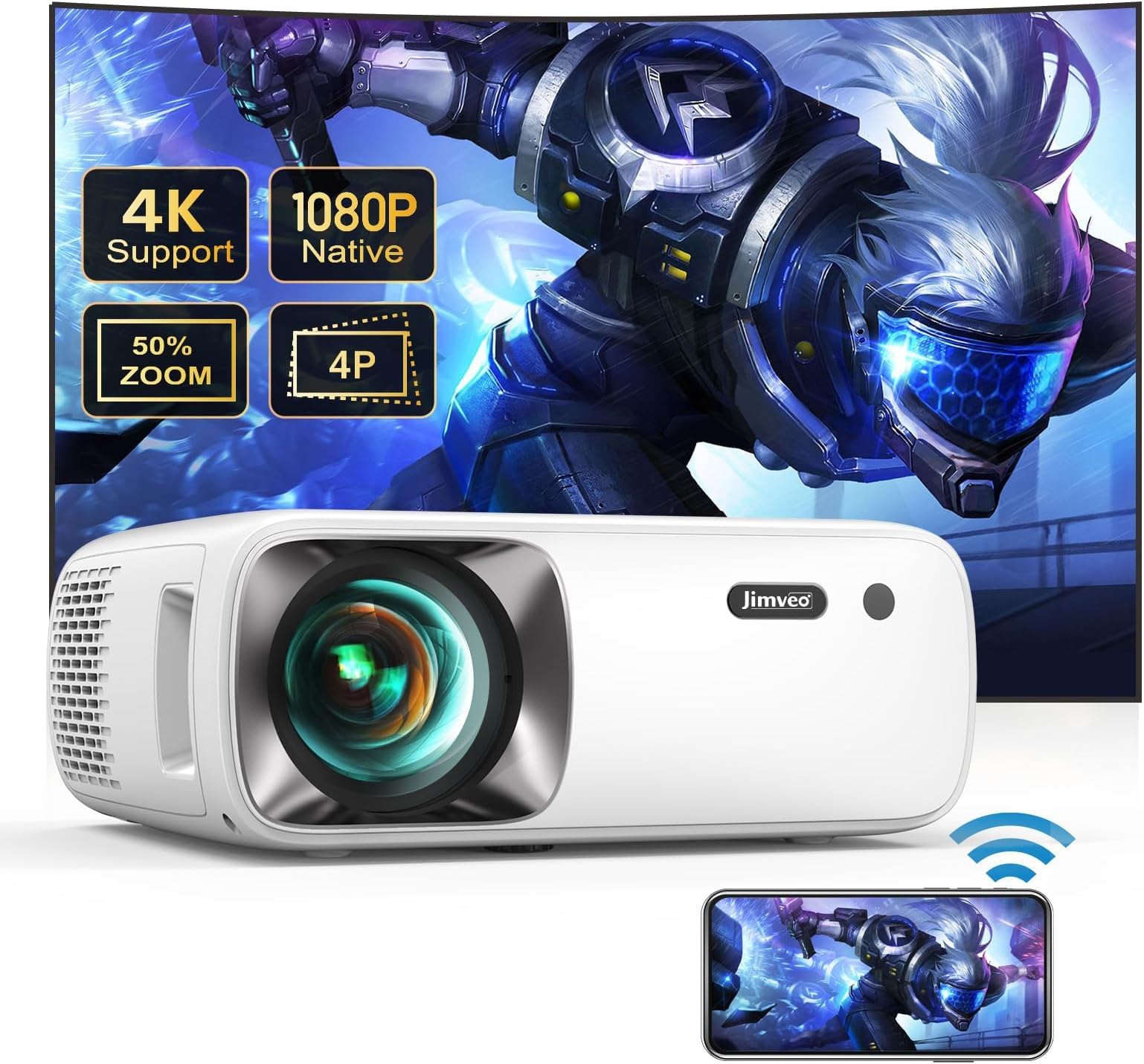 Videoprojecteur, 20000 Lumens 4K Supporte Retroprojecteur, Jimveo Native 1080P Full HD WiFi6