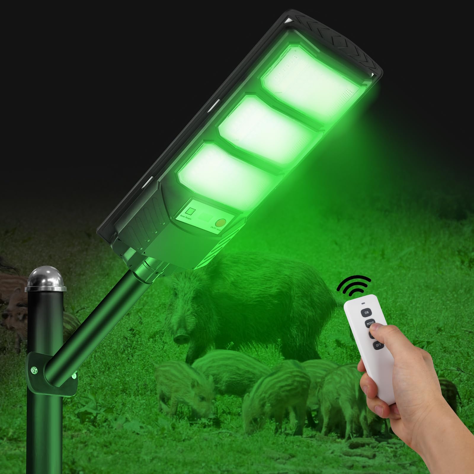 Hog Lights for Night Hunting, Zuomeng Solar Green Light, Motion Activated Feeder Light with 300ft Remote Alarm, Outdoor Wireless Lighting for Boar, Deer