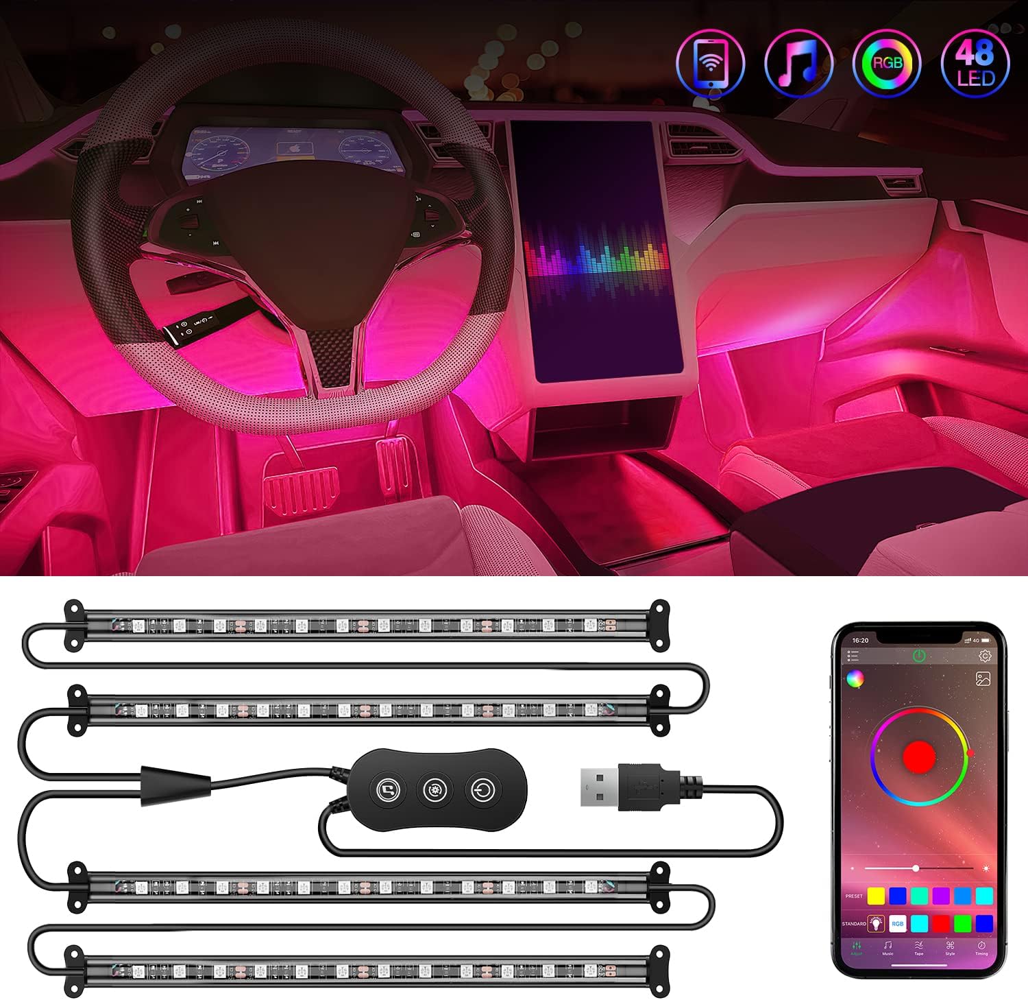 Nilight USB LED Car Lights with App Control, Multicolor RGB LED Lights with Music Mode, Under Dash Lighting Kit with 2 Line Design for Cars Truck ATV UTV, 2 Years Warranty