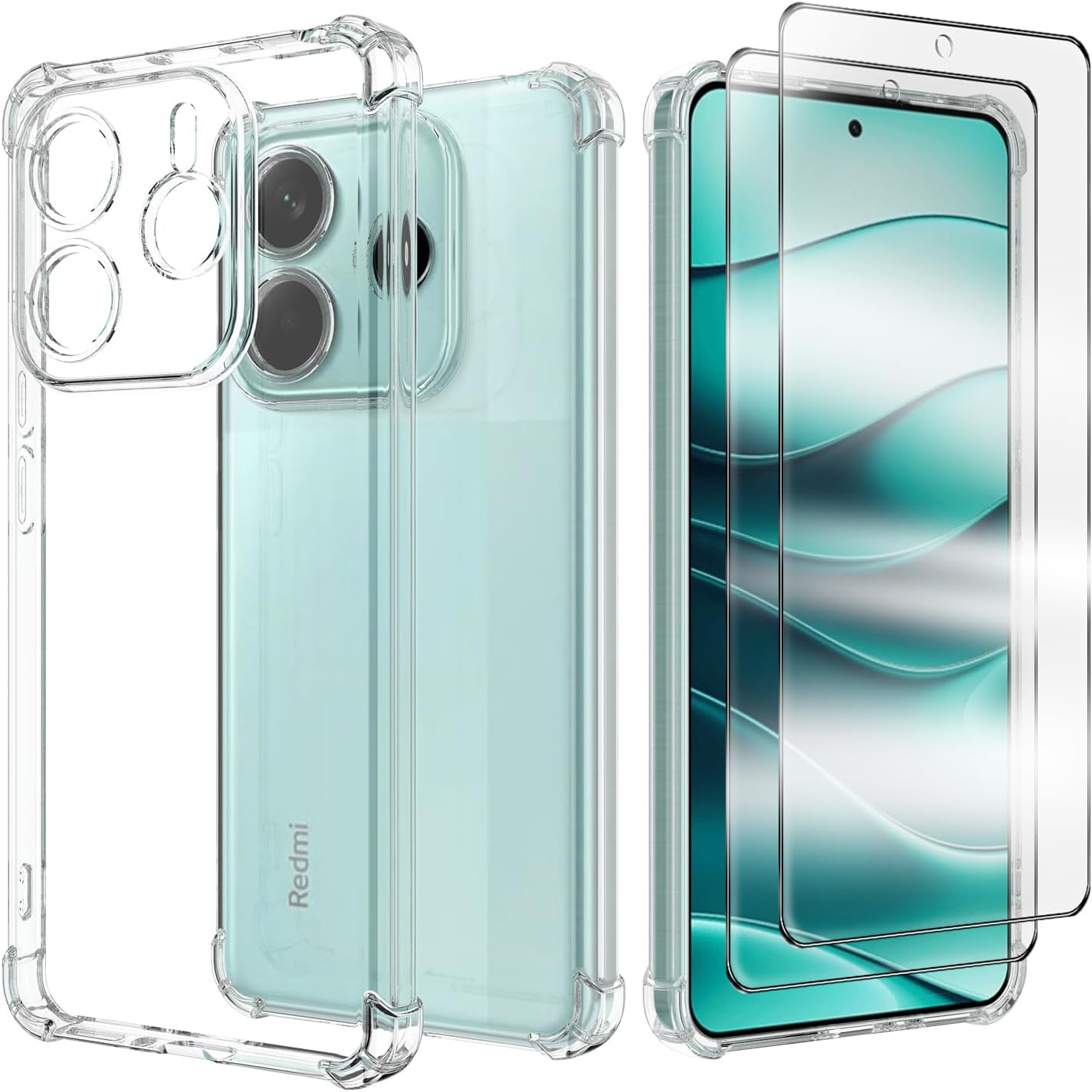 XRCSCompatible with Xiaomi Redmi Note 14 5G（Not for 4G Caseand Tempered Glass Screen Protector [2 pack] Soft Bumper Anti-Scratch Silicone Phone Case Cover Transparent