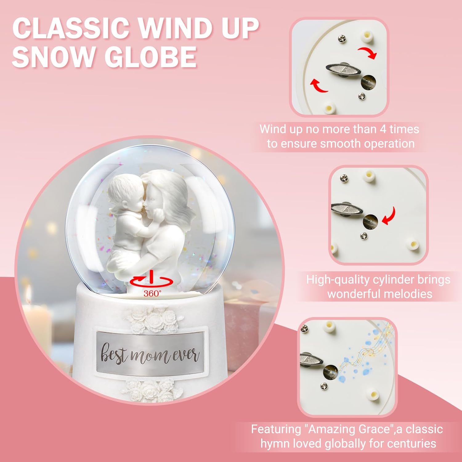 Mothers Day Snow Globe, 5.9" Wind Up Music Box for Mothers Day Decorations Birthday Gifts for Mom Mothers Women Adults Kids