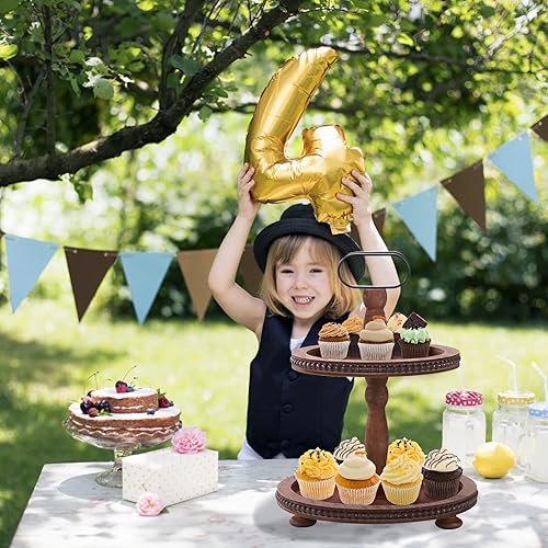 Miniatura 6 de Urban Deco Bandeja decorativa de madera de dos niveles, bandeja redonda para servir con mango de metal, soporte de madera para cupcakes para