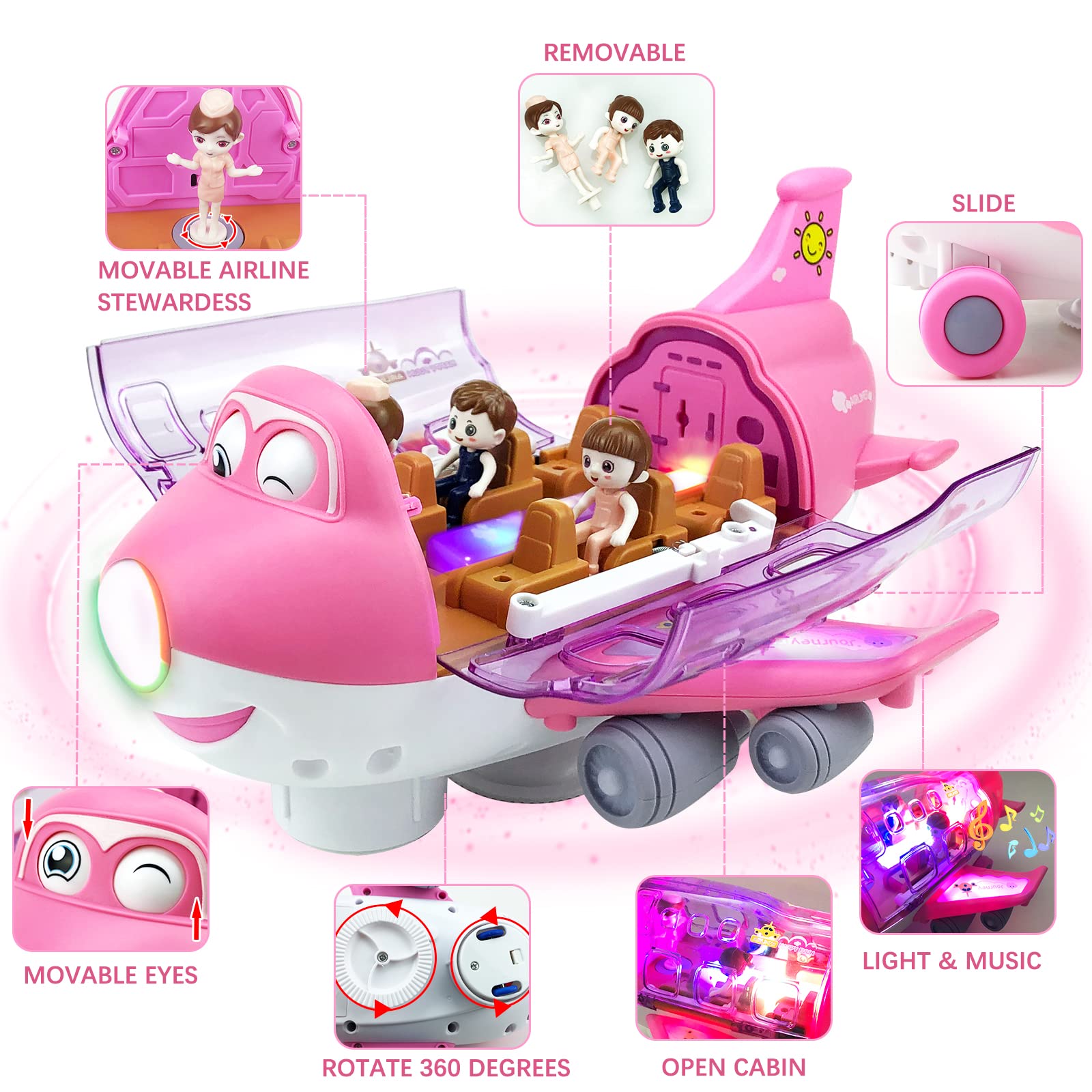 Juguetes de avión rosa para niños pequeños de 1 a 3 a 5 años, avión de juguete para niños de 4 a 8 años, juguetes para niños pequeños, avión de aire de acción con luces LED intermitentes y 4