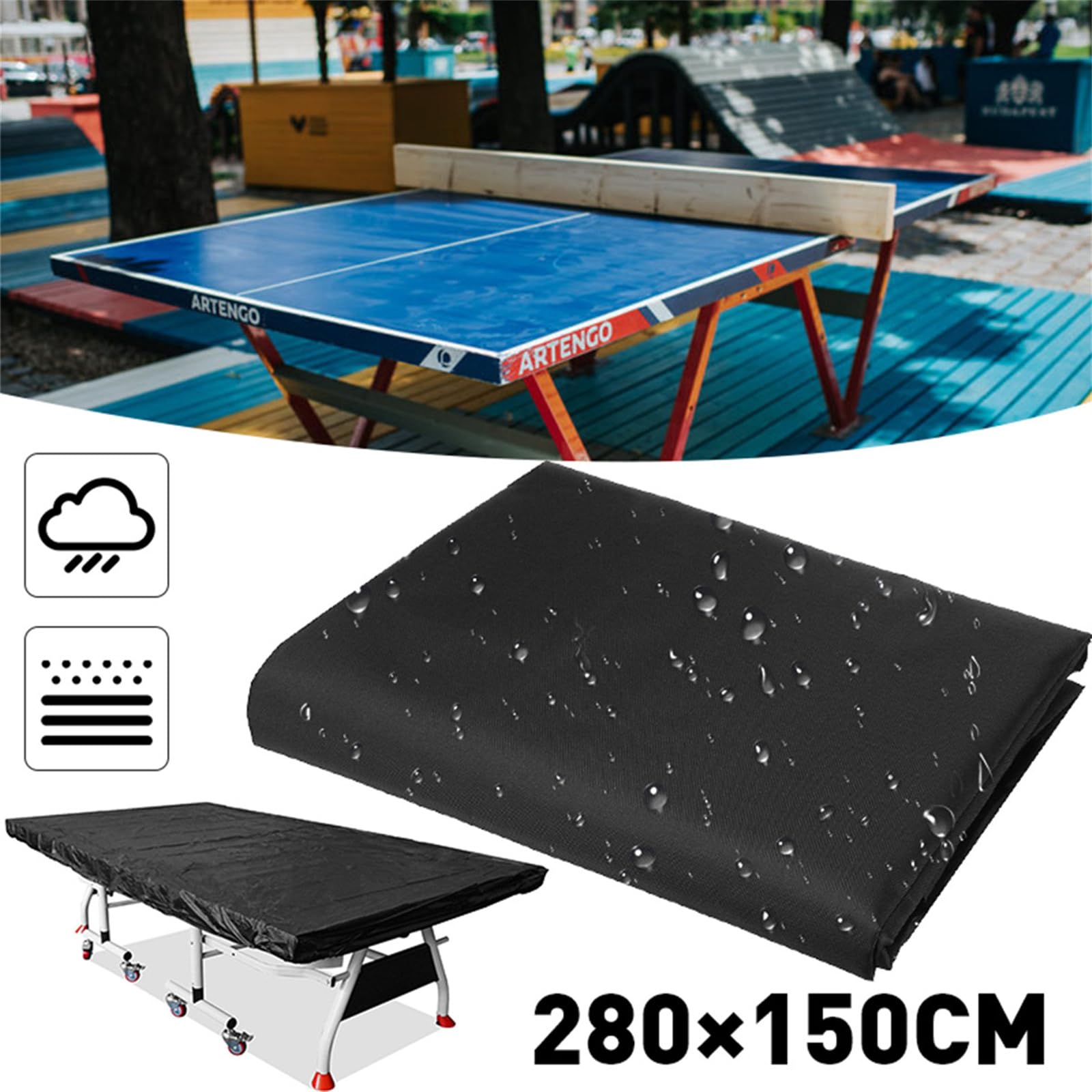 Wasserdichte Outdoor-Tischtennis-Tischtennisplatte, 280 x 150 x 5 cm, Polyester, für Tischtennisplatten, schützt vor Regen, Staub, Sonne (schwarz)