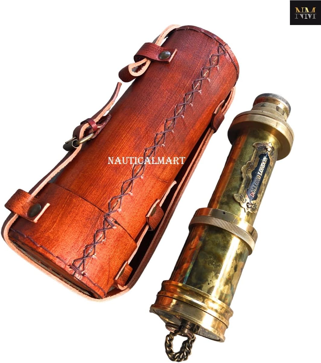Brass Dollond London 1920 Marine Collectible Decor Nautical Gift Spyglass Antique Mounted Solid Brass Pirate Telescope with Leather Box (Brass Antique)