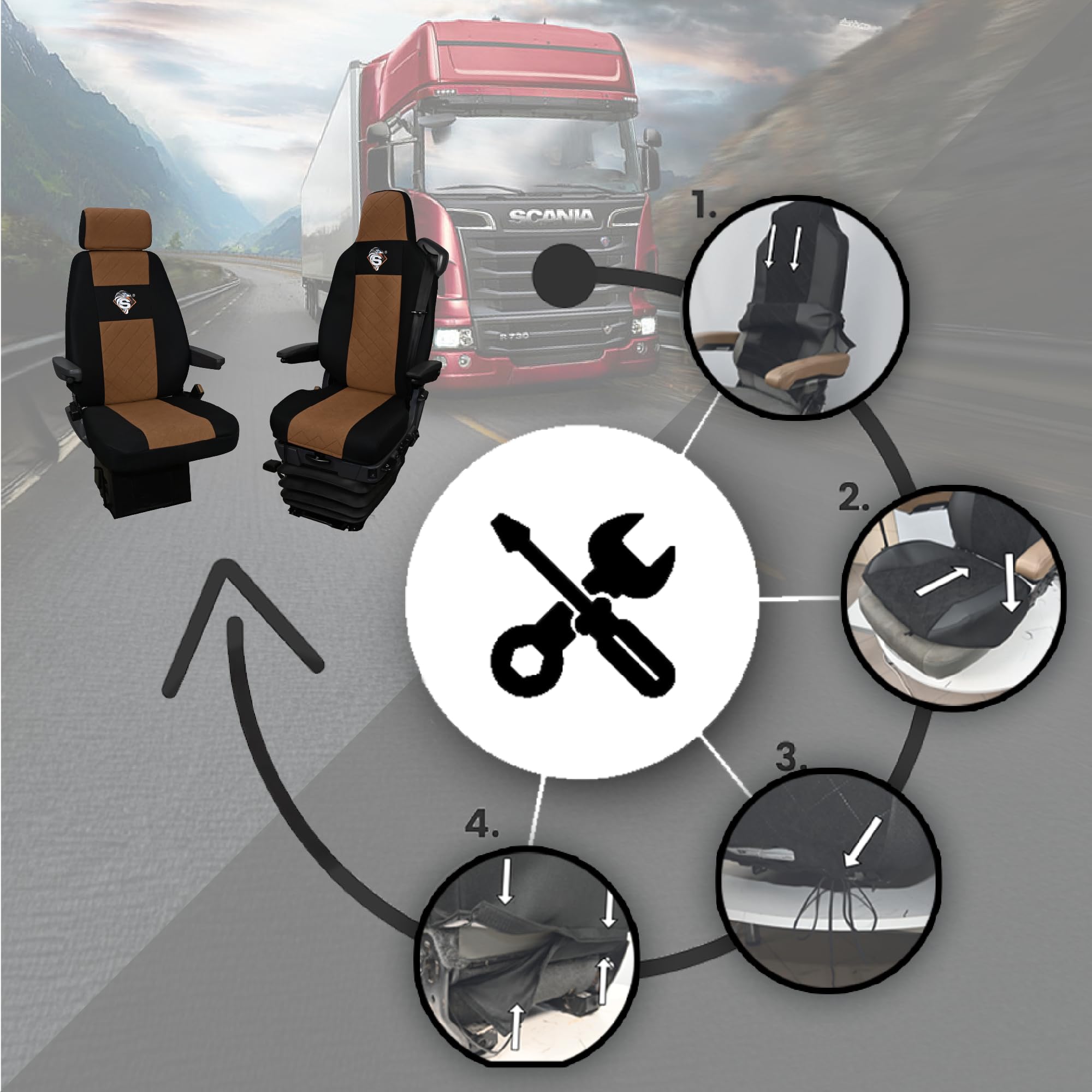 SABA Funda de Asiento para Scania Serie R Desde 2013, Serie S Desde 2017, Asientos Individuales, Asiento del Conductor Premium - CONFIGURACIÓN B Marrón Accesorios de protección