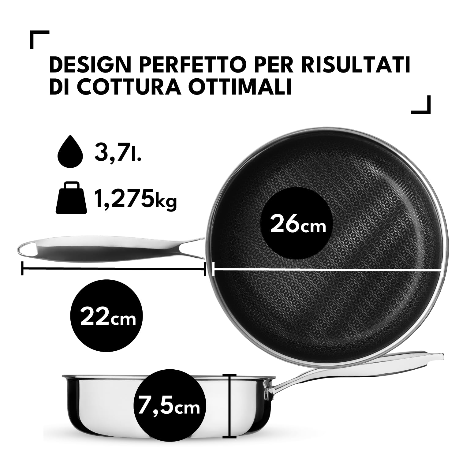Onyx Cookware Padella da 26 cm – 3,7 l | Padella profonda per tutti i piani cottura | Superficie antiaderente antigraffio | A 3 strati in acciaio inox/alluminio | Resistente al forno