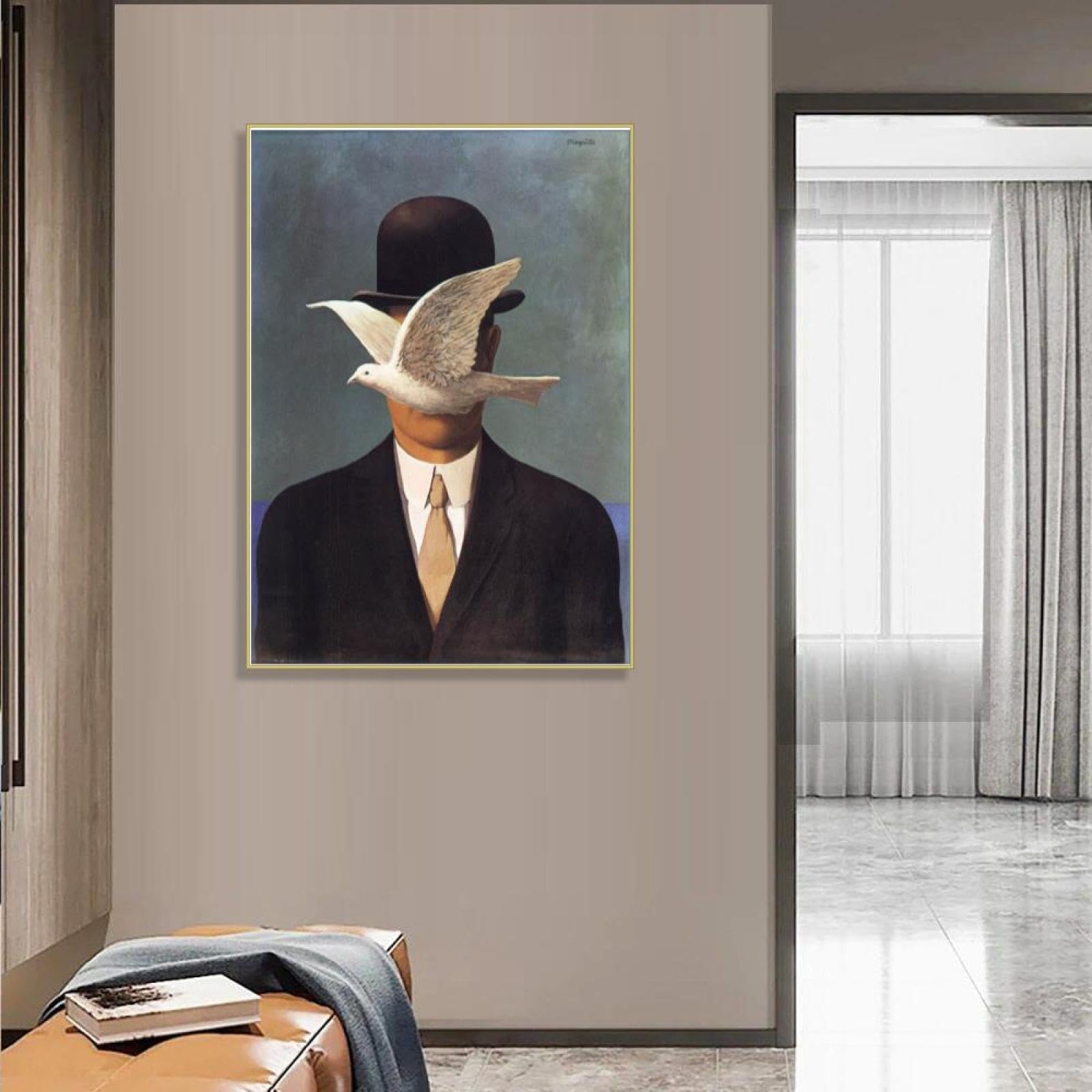 RKGHDCX Cuadros modernos Marco dorado Giclee Lienzo Impresión sobre lienzo famosos Pintura póster Reproducción Cuadros en lienzo para decoración del hogar(Hombre con bombín) 70x100cm(28x33in)