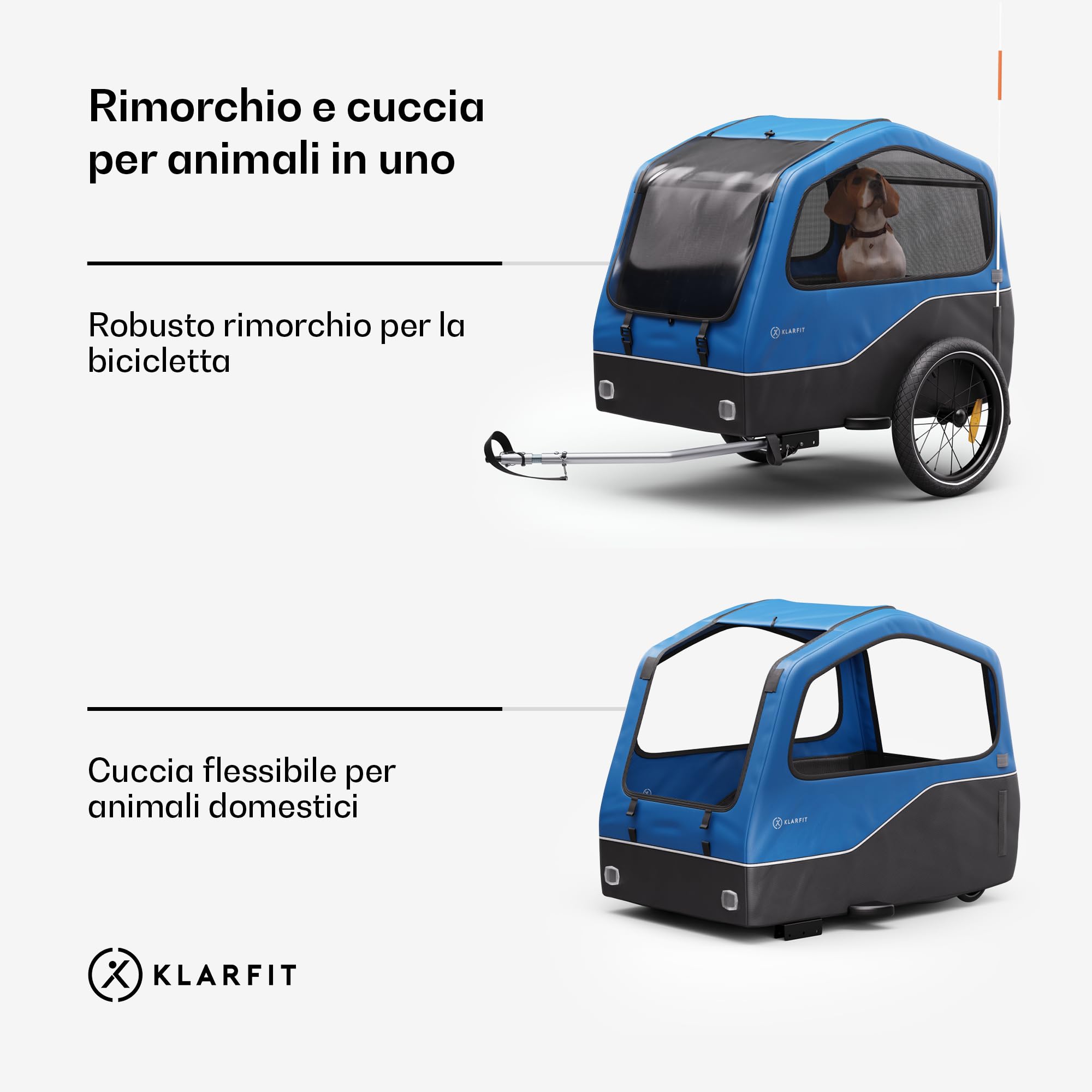 Klarfit Goldie Home - Rimorchio da Bici per Cani, Volume di 334L, Idrorepellente, Catarifrangenti & Bandierina di Sicurezza, Capacità di Carico di 40kg, Pieghevole, Ruote da 16 Pollici, Blu
