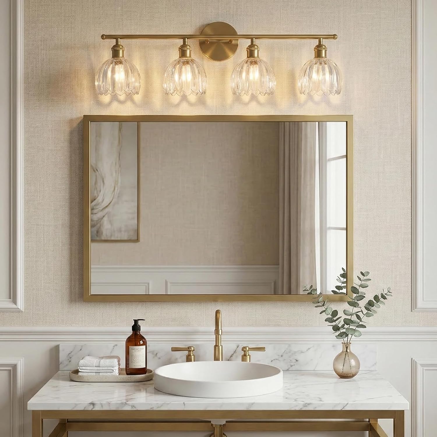 Bathroom Light Fixtures, 4-Light Brass Vanity Wall Light Over Mirror with Clear Tulip Glass Shade for Bedroom Living Room (Bulb Not Included)