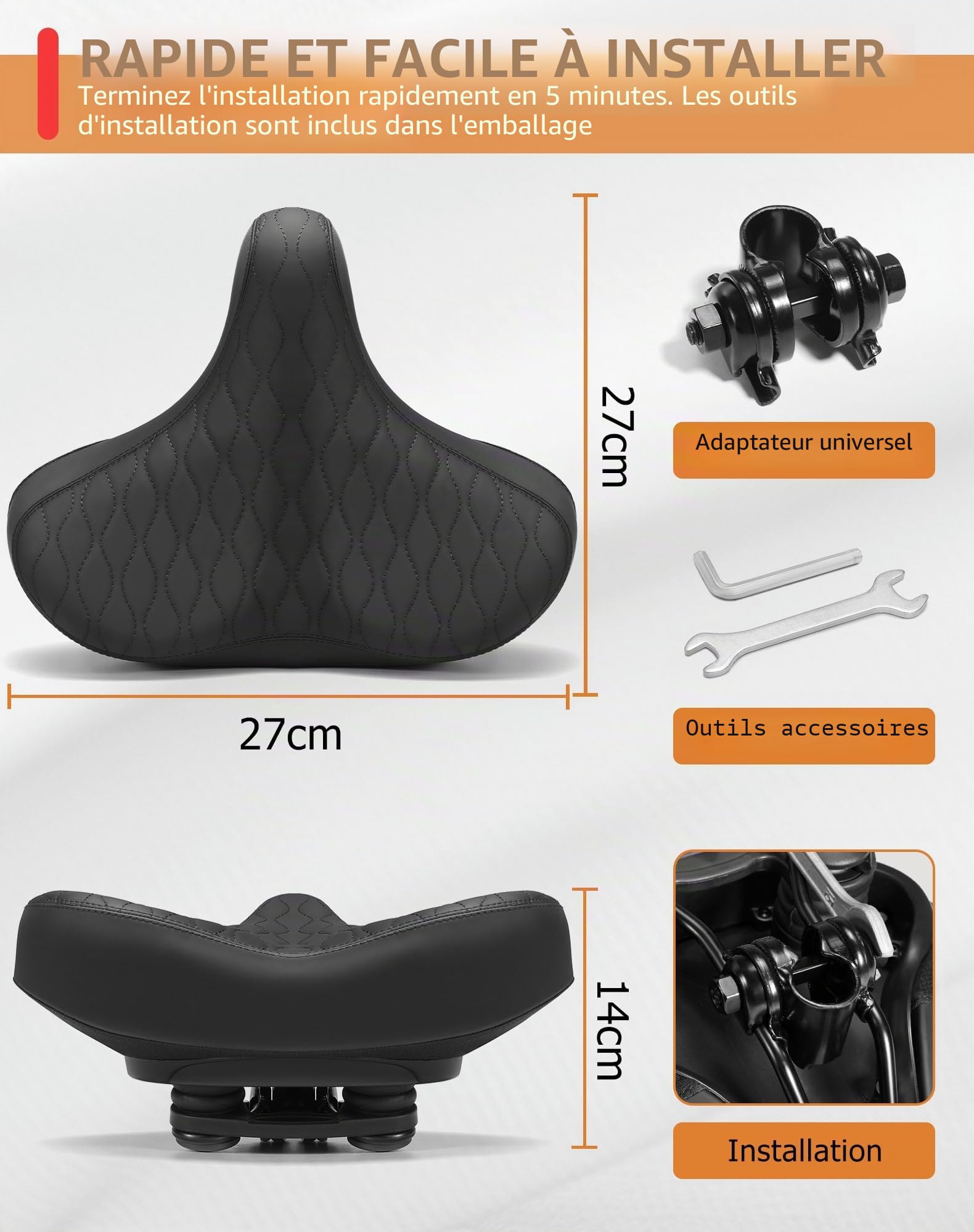 CDYWD Selle de Velo Ultra Confortable Homme et Femme, Extra Large, Épaississant, avec Suspension, Ergonomique Rembourrage Doux, Selle Confort Velo pour VTT, Vélo de Ville, Ebike, Vélo Stationnaire