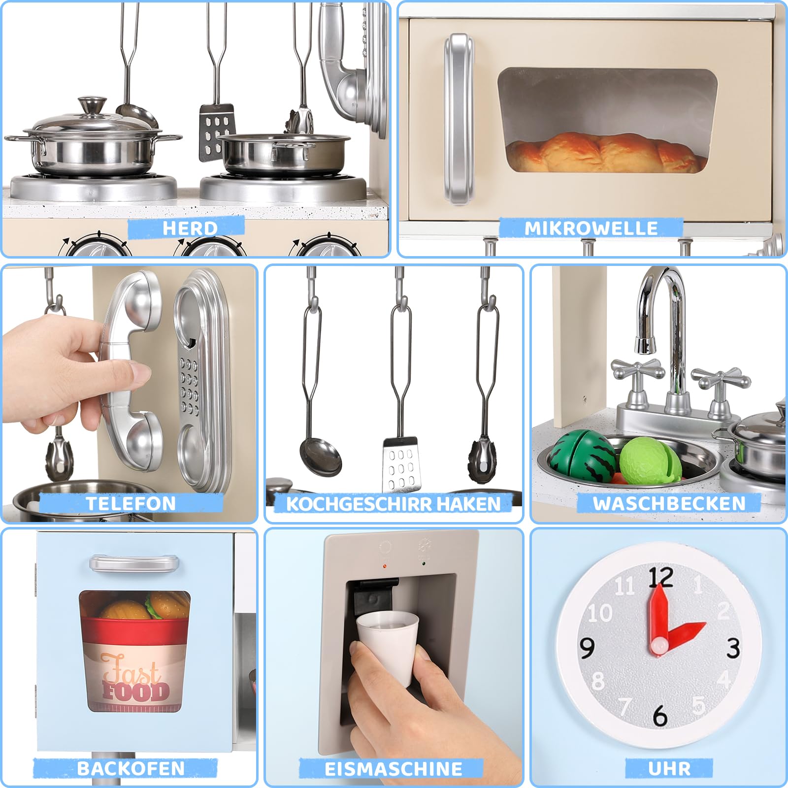 Cucina Legno per Bambini, Cucina Giocattolo per Bambini, Cucina per Bambini in Legno 81x74x30 cm, con Effetti Simulati di Luce e Suono, Dotata di Accessori da Cucina, Blu